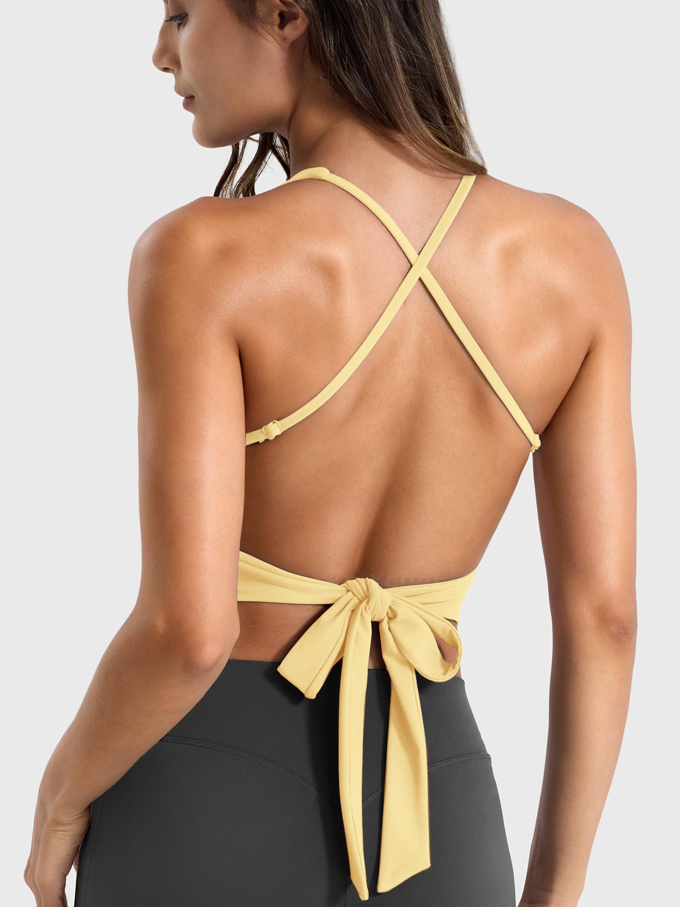 Milk Yellow Yeoreo Kagina backless tie back active tank back view, open back with adjustable bow tie and spaghetti straps