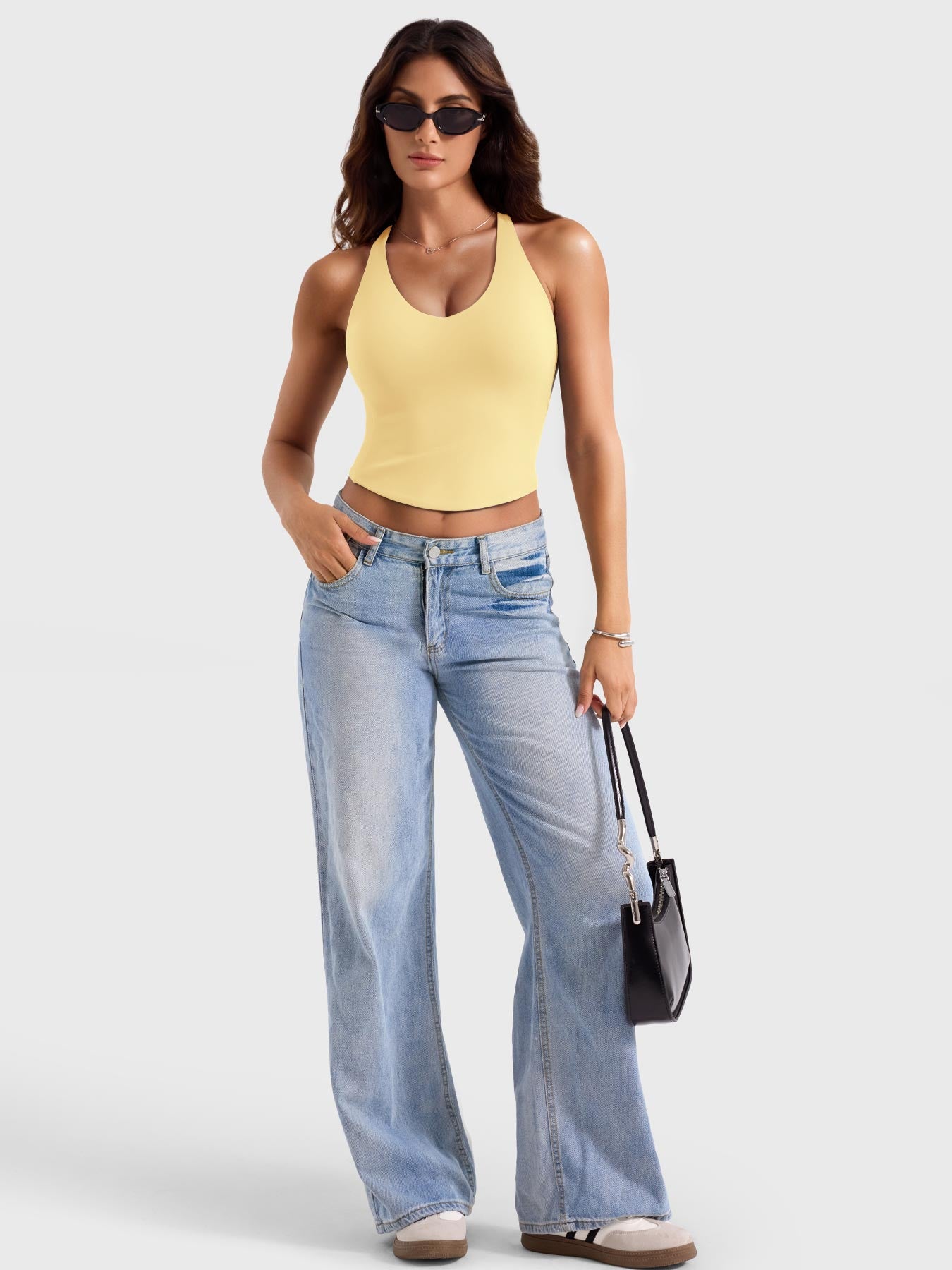Milk Yellow Yeoreo Kagina active tank full body view, versatile athleisure styling with a body-hugging silhouette
