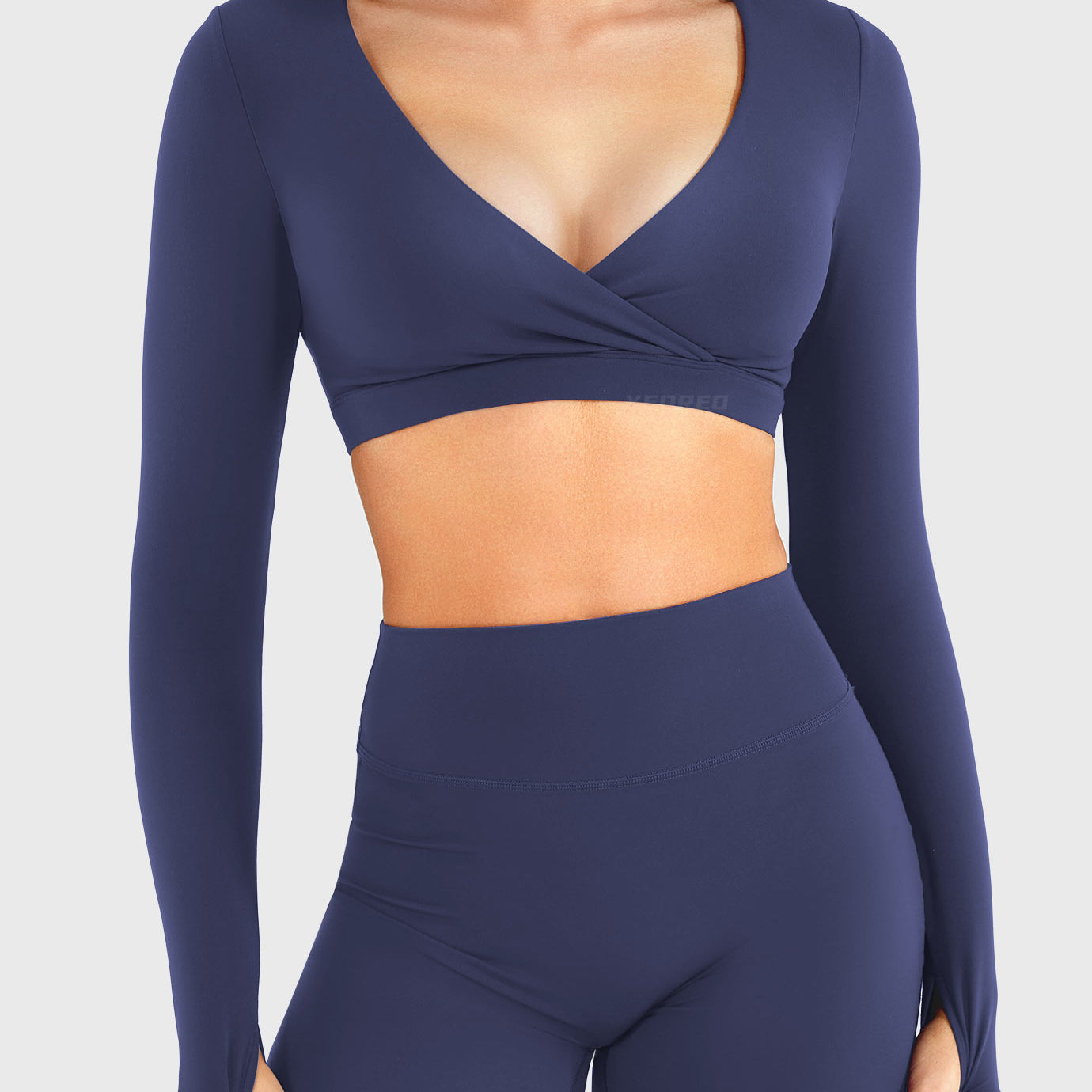 Navy Arleney V-Neck Long Sleeve Top front standing view