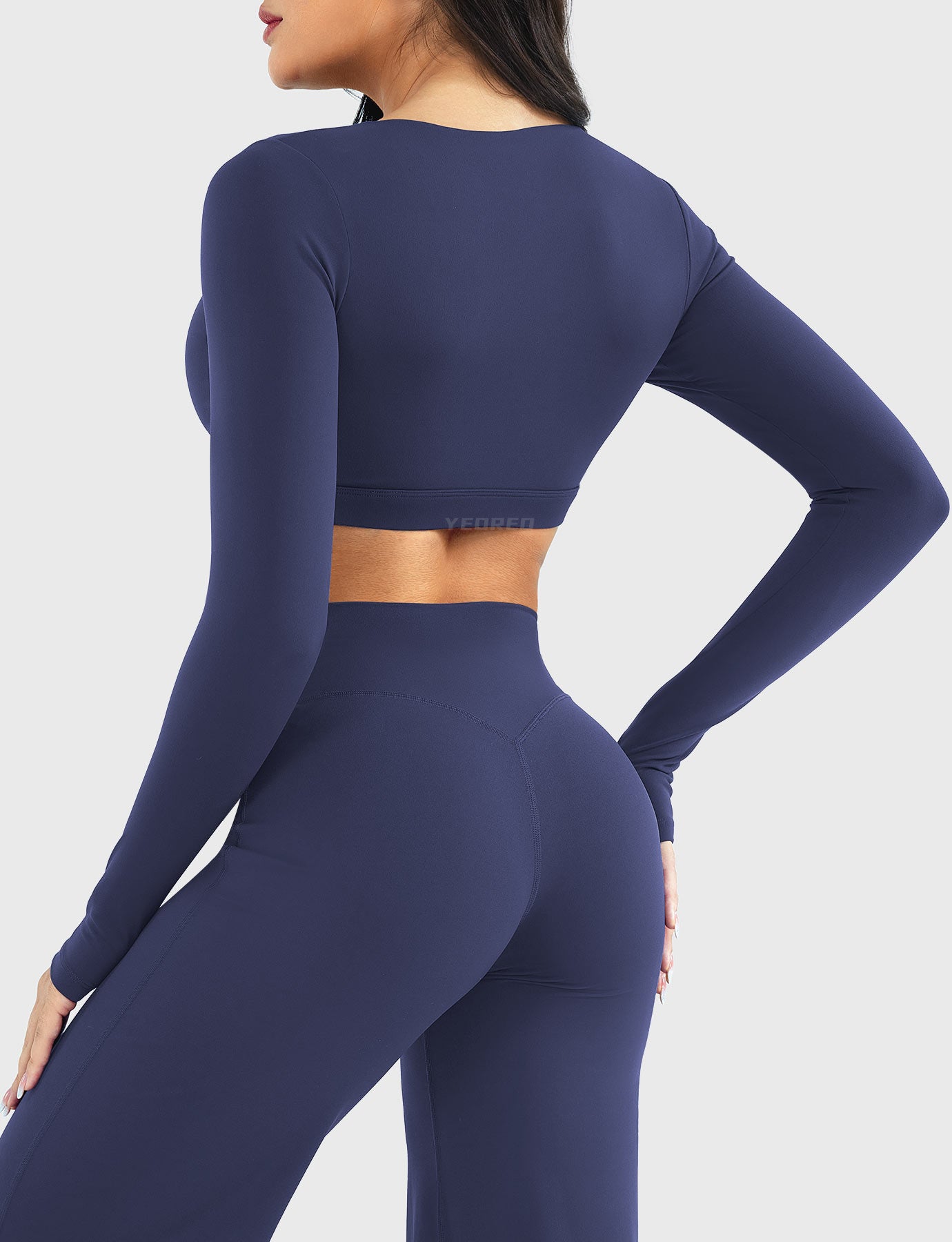 Navy Arleney V-Neck Long Sleeve Top angled front side view