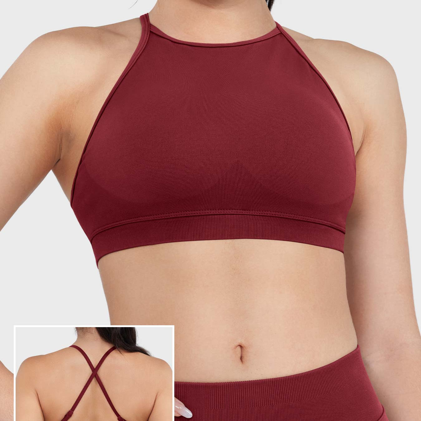 Acuffny High Neck Backless Sports Bra in scarlett red, front view upper body, high neck design, ribbed elastic underband, full chest coverage