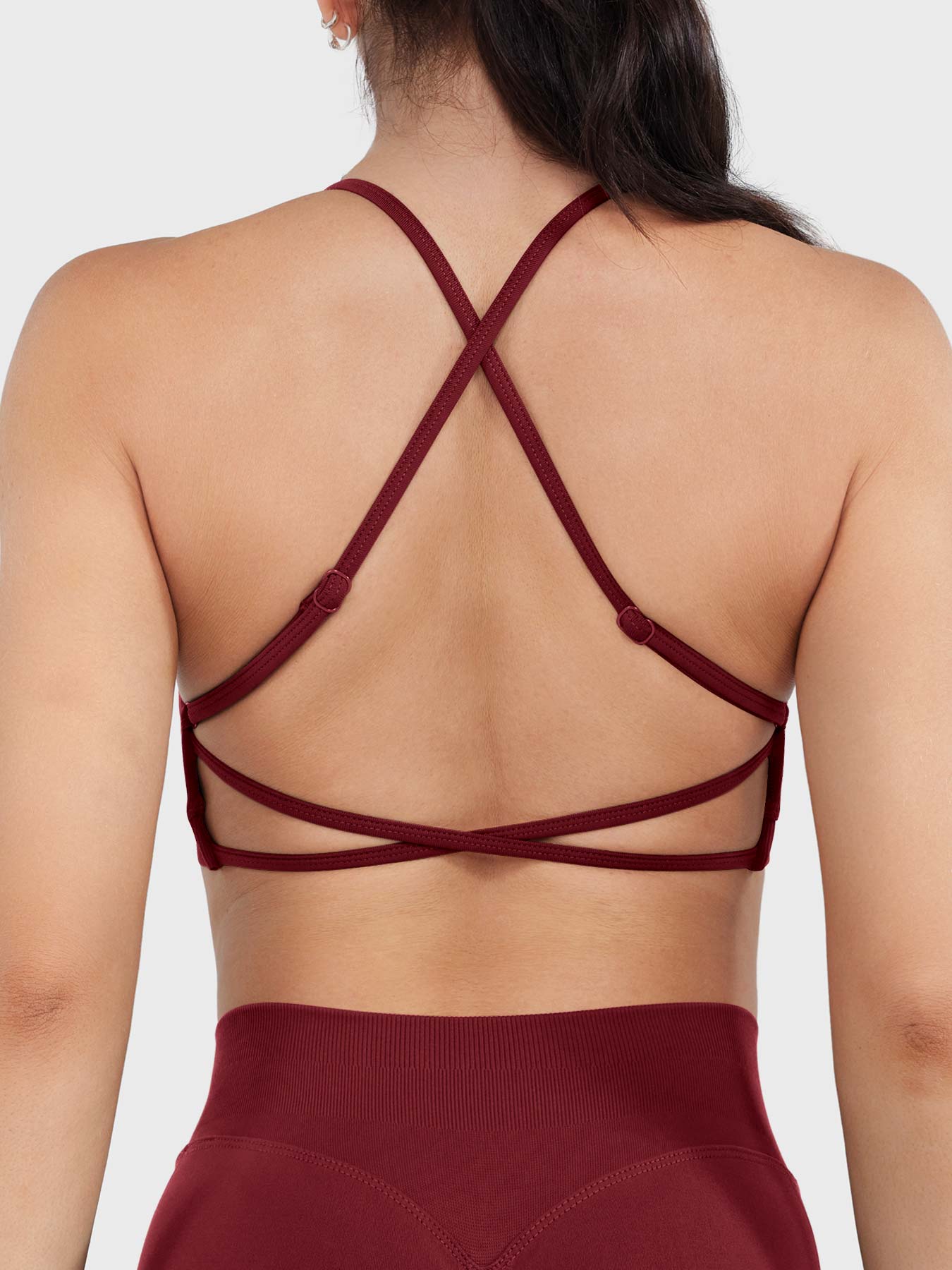 Acuffny High Neck Backless Sports Bra in scarlett red, back view upper body, breathable open back, adjustable cross-back straps