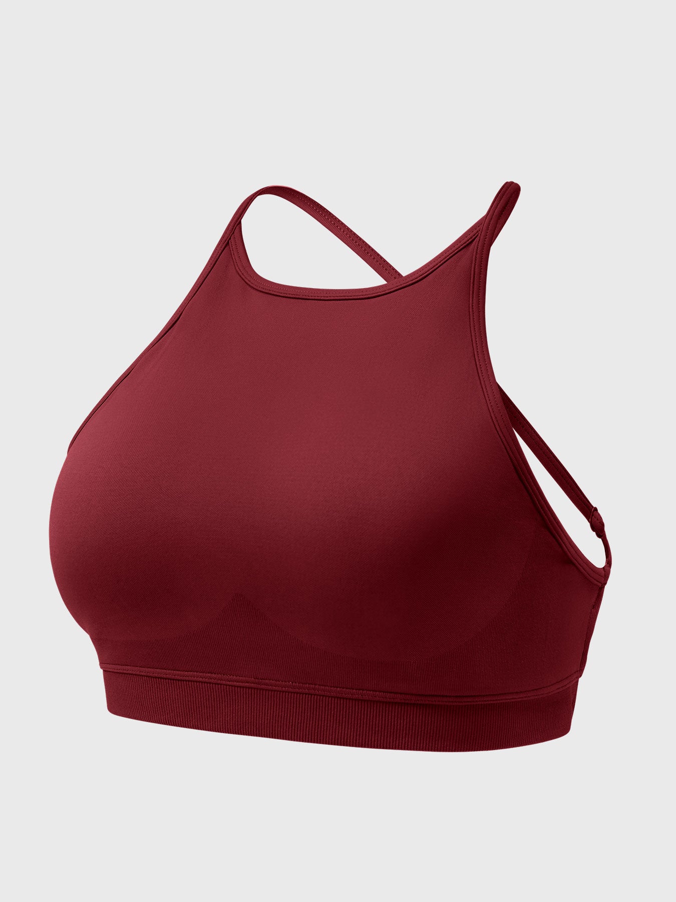 Acuffny High Neck Backless Sports Bra in scarlett red, 3D model angled front view, structured design showing high neck and open back