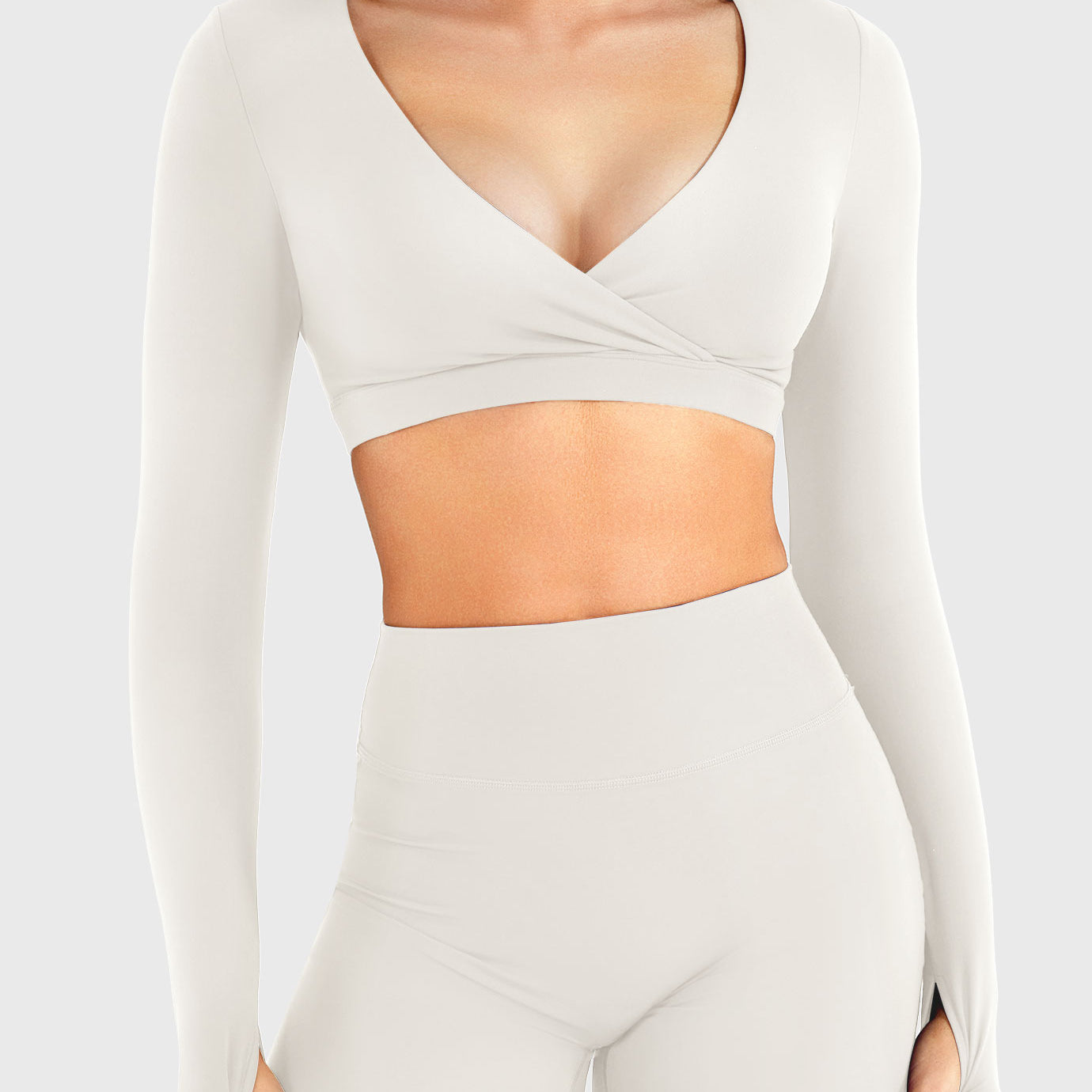 White Arleney V-Neck Long Sleeve Top front standing view