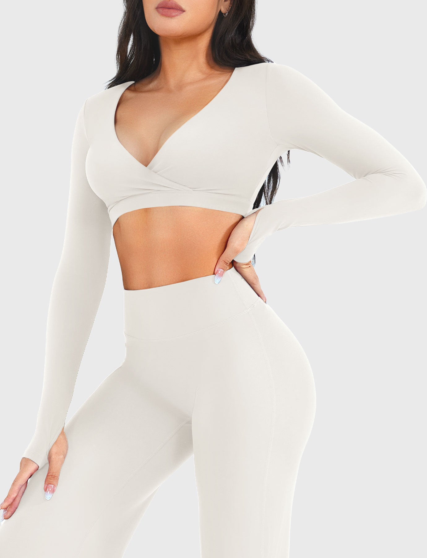 White Arleney V-Neck Long Sleeve Top angled side pose