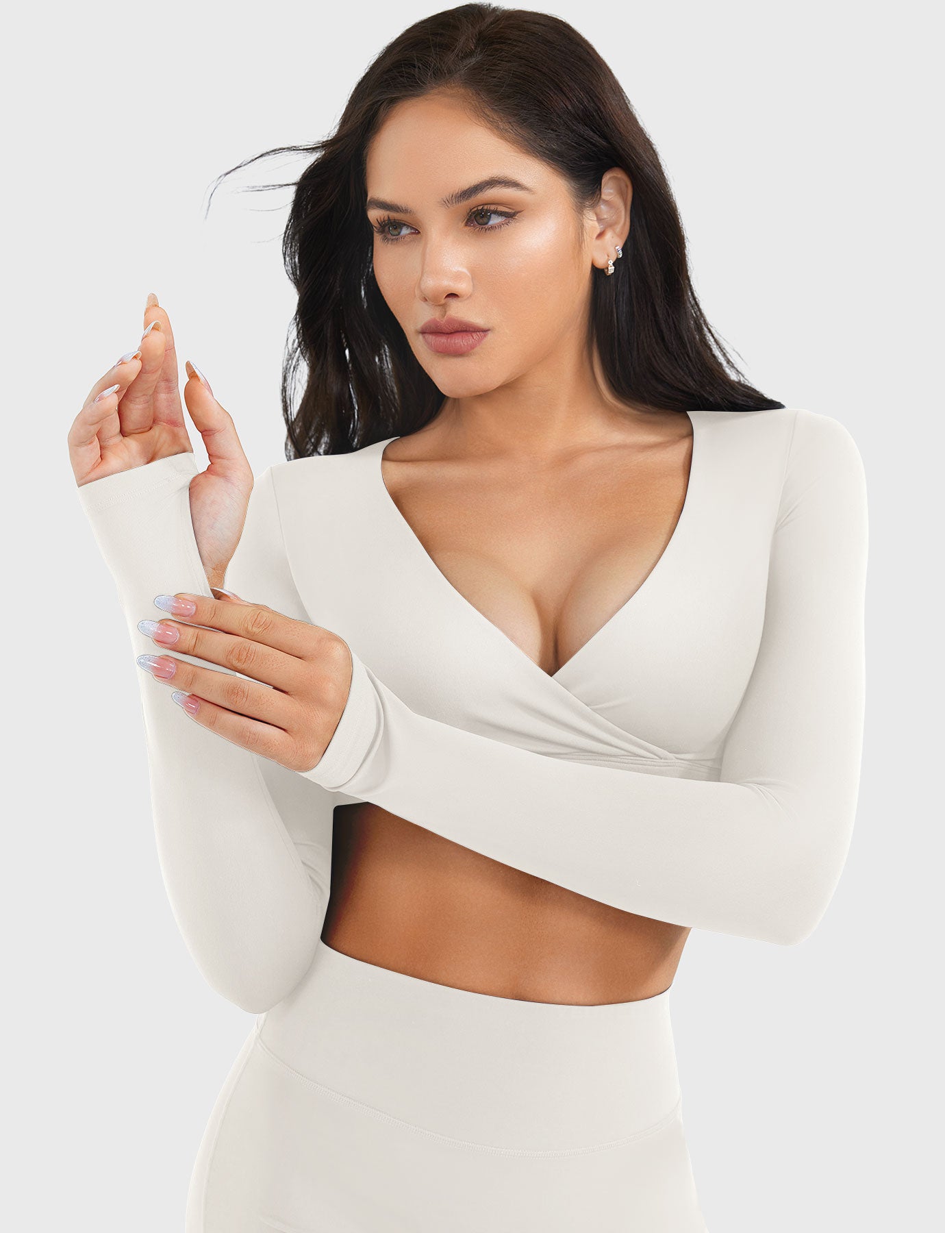 White Arleney V-Neck Long Sleeve Top v-neck and thumbhole detail