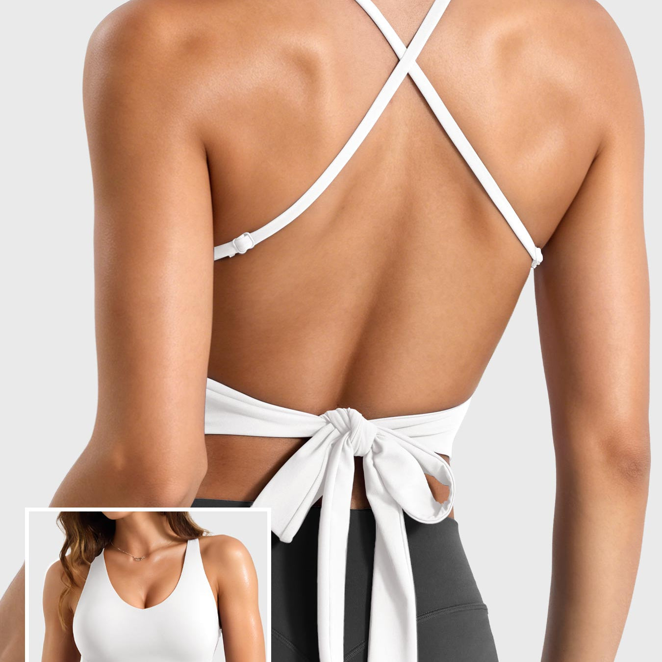 White Yeoreo Kagina backless tie back active tank back view, open back design with bow tie detail and adjustable spaghetti straps