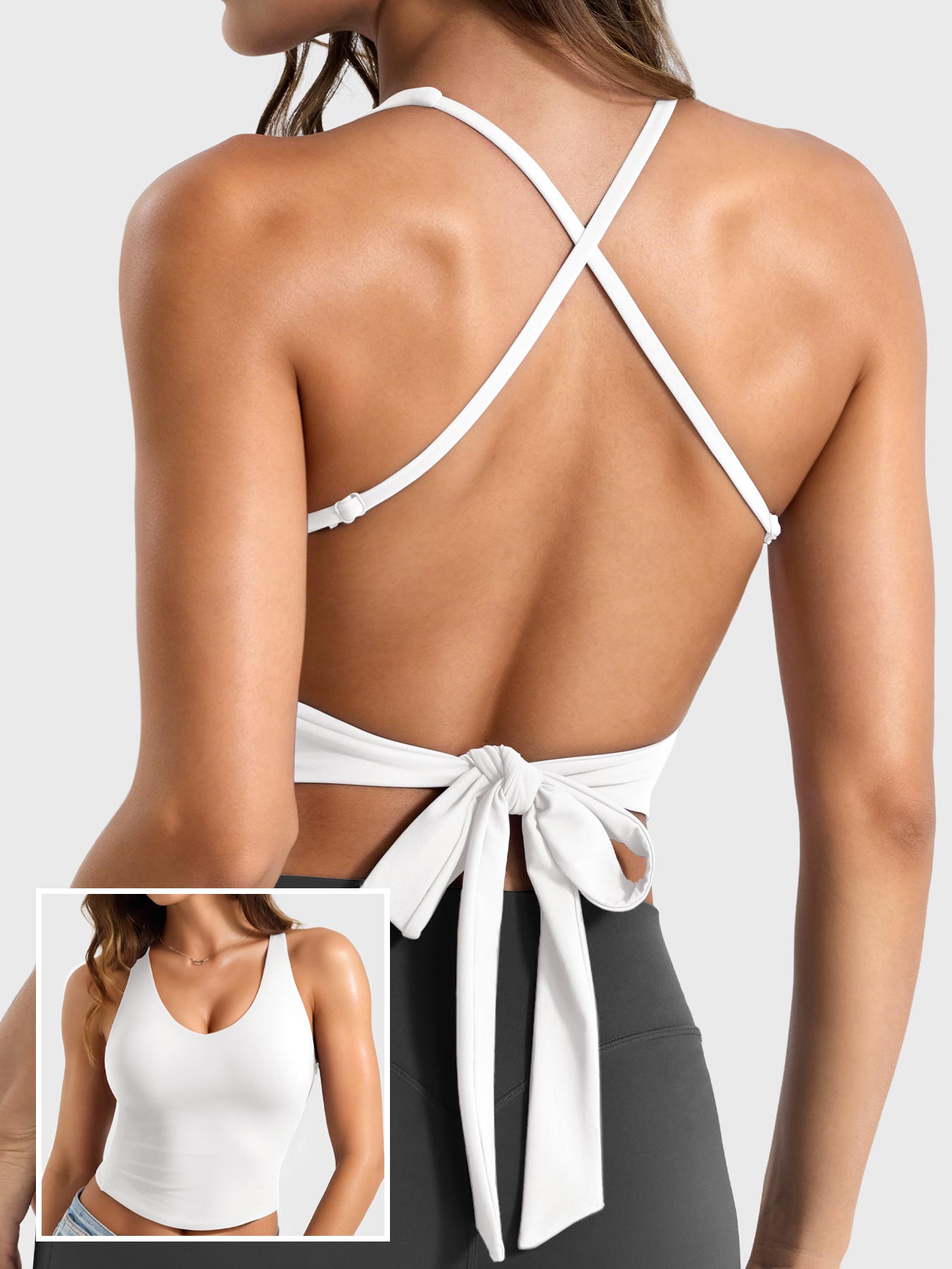 White Yeoreo Kagina backless tie back active tank back view, open back design with bow tie detail and adjustable spaghetti straps