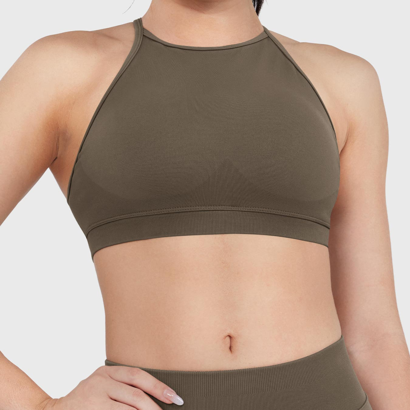 Acuffny High Neck Backless Sports Bra in coffee, front view upper body, high neck design, ribbed elastic underband, full chest support