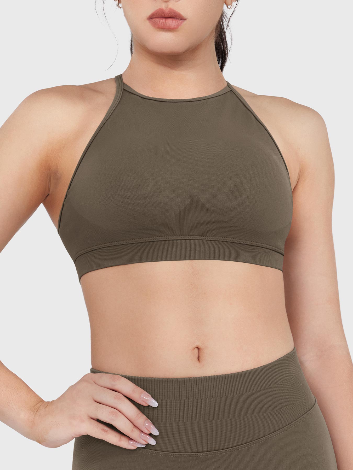 Acuffny High Neck Backless Sports Bra in coffee, front view upper body, high neck design, ribbed elastic underband, full chest support