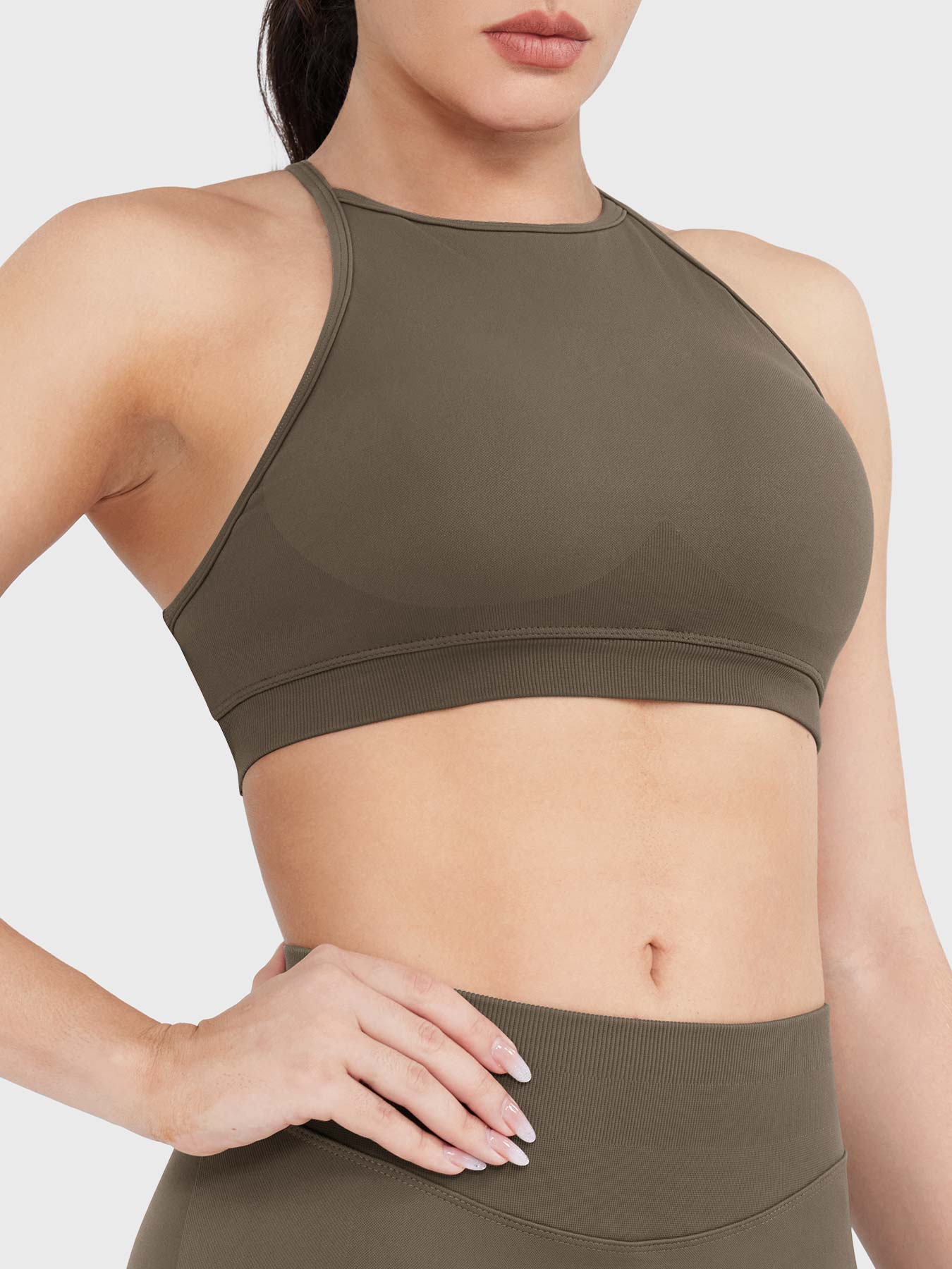 Acuffny High Neck Backless Sports Bra in coffee, angled front upper body view, sculpted bust shape, smooth and supportive fit