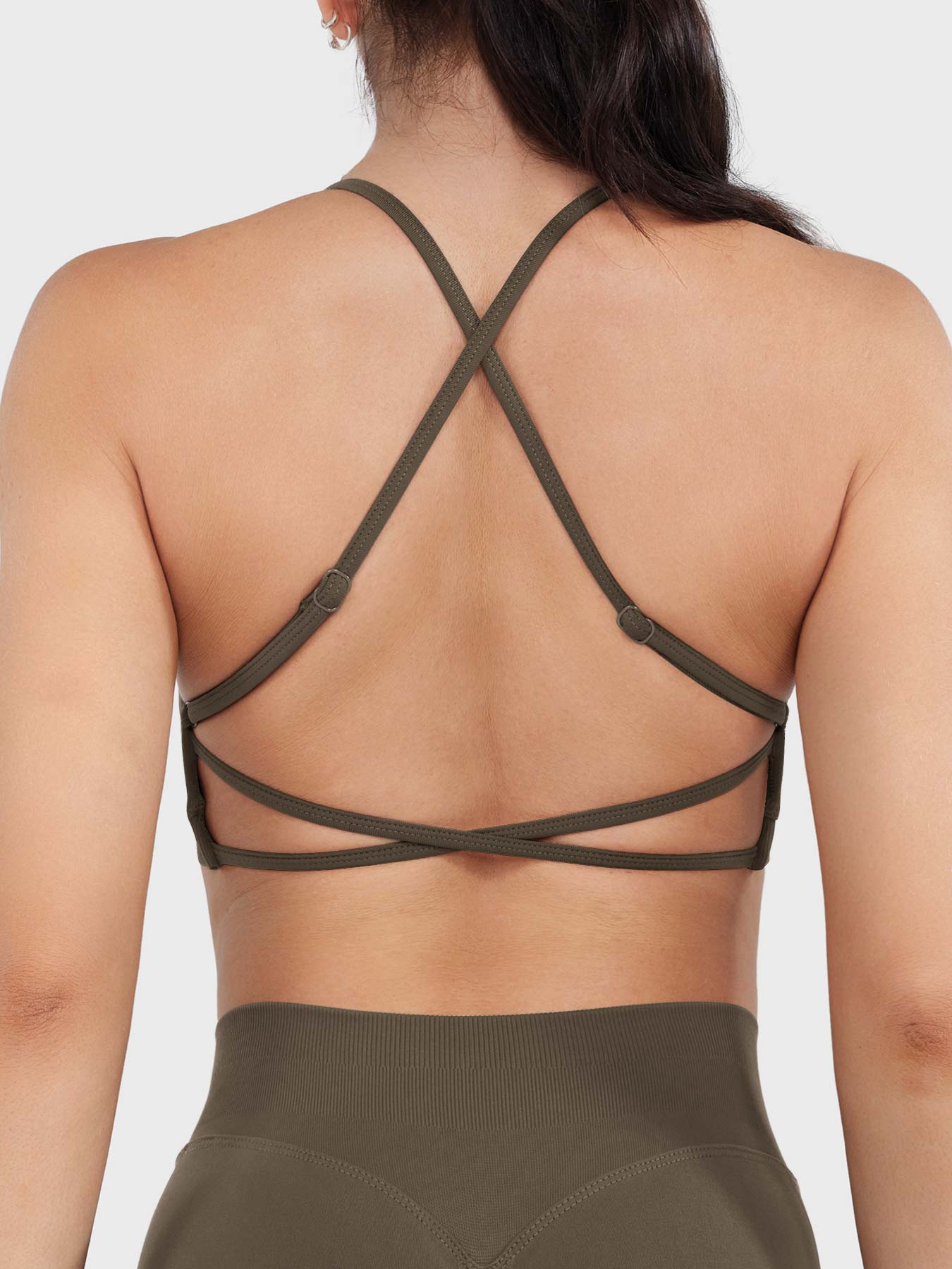 Acuffny High Neck Backless Sports Bra in coffee, back view upper body, elegant open back, adjustable cross-back straps for breathability