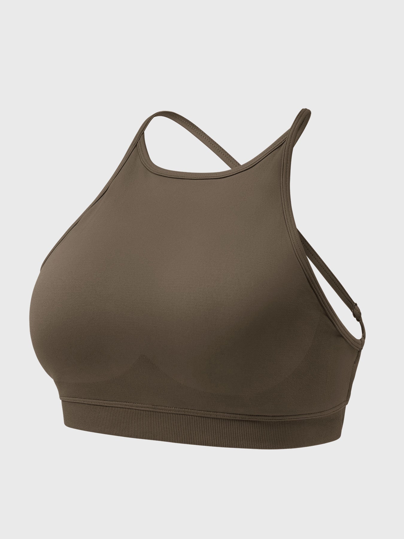 Acuffny High Neck Backless Sports Bra in coffee, 3D model angled front view, structured sports bra with high neck and open back
