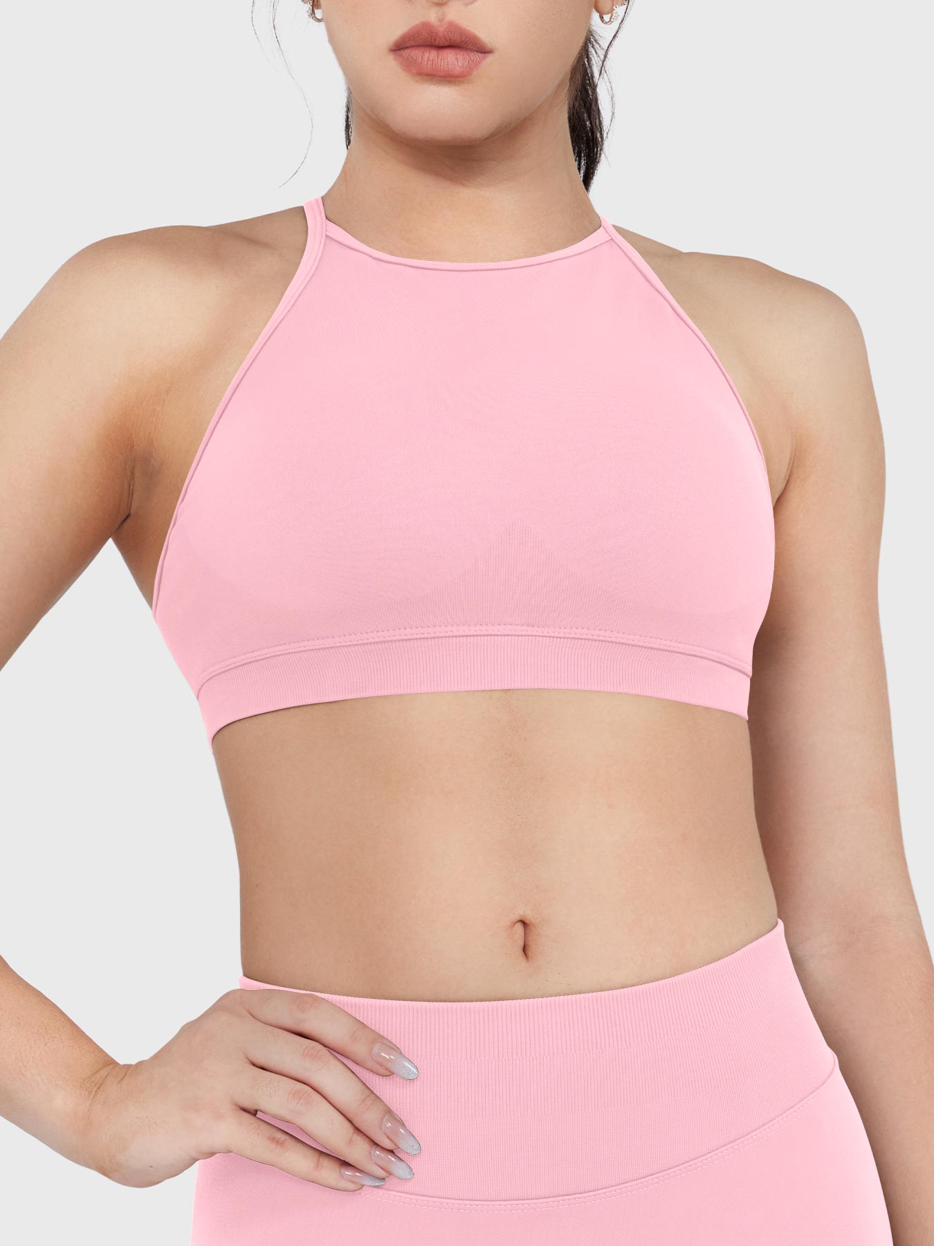Acuffny High Neck Backless Sports Bra in pink, front view upper body, high neckline, ribbed elastic band, secure and supportive coverage