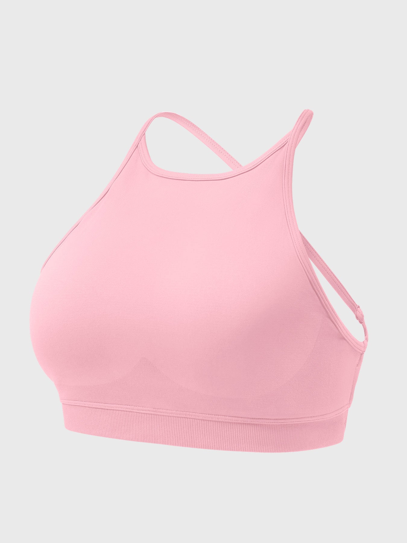 Acuffny High Neck Backless Sports Bra in pink, 3D model angled front view, high neck sports bra with open back structure