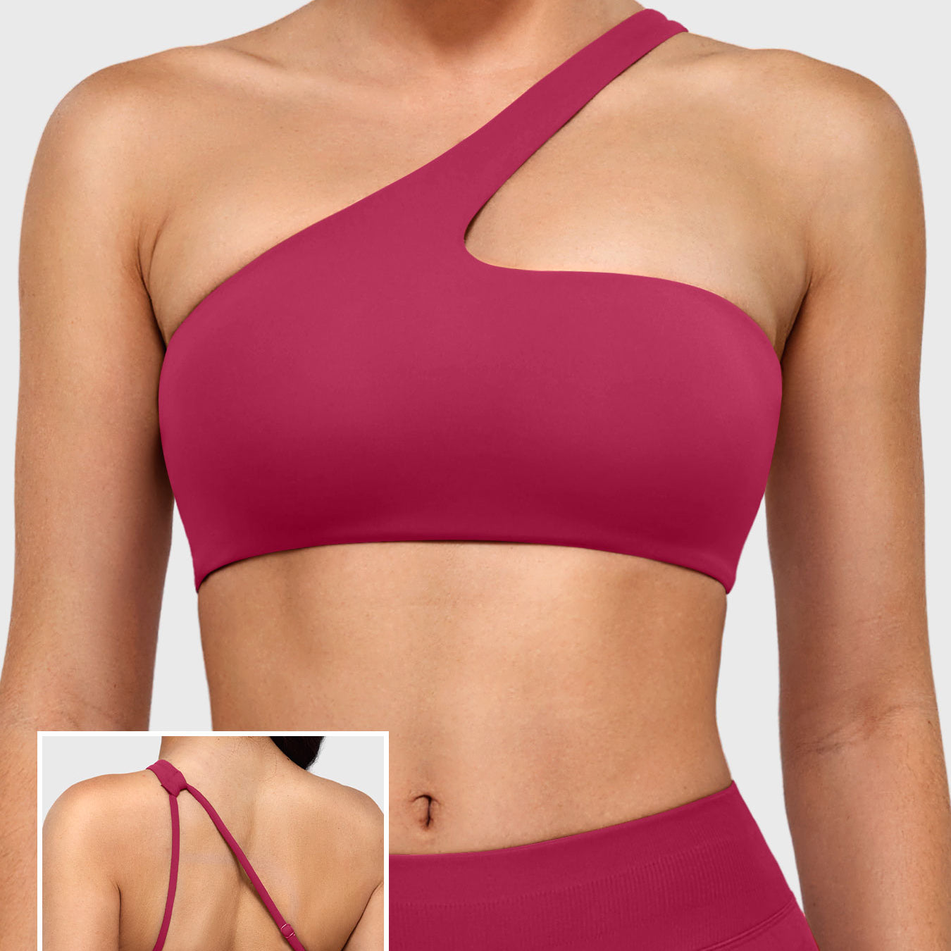 Claranie One Shoulder Sports Bra in ruby red, front view upper body, asymmetric one shoulder design, sleek and supportive fit
