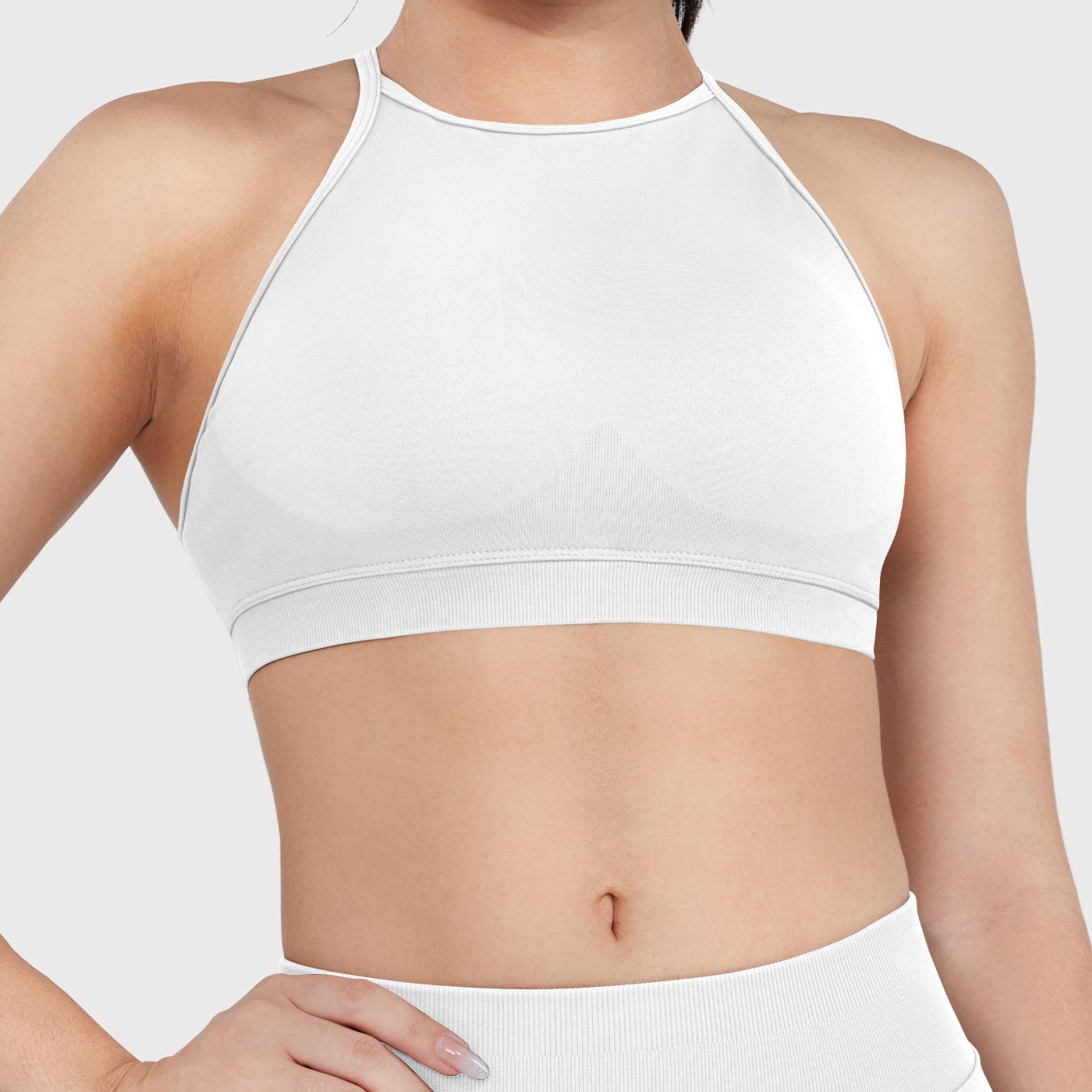 Acuffny High Neck Backless Sports Bra in white, front view upper body, high neck design, ribbed elastic underband, full chest coverage