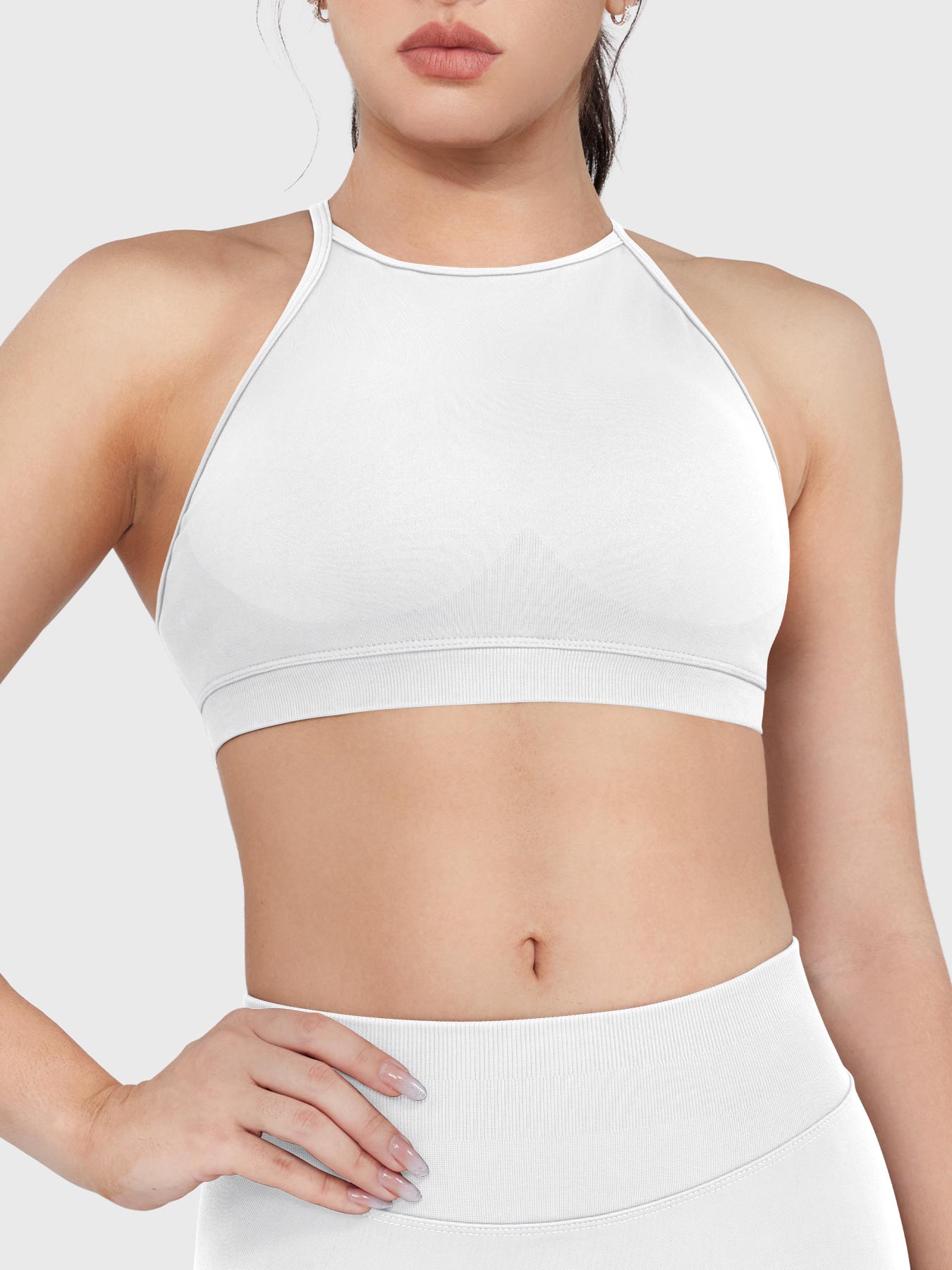 Acuffny High Neck Backless Sports Bra in white, front view upper body, high neck design, ribbed elastic underband, full chest coverage