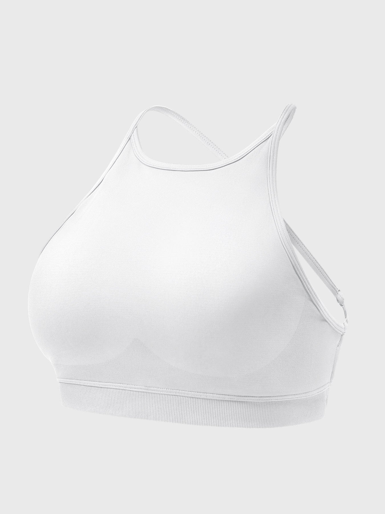 Acuffny High Neck Backless Sports Bra in white, 3D model angled front view, structured high neck sports bra with open back