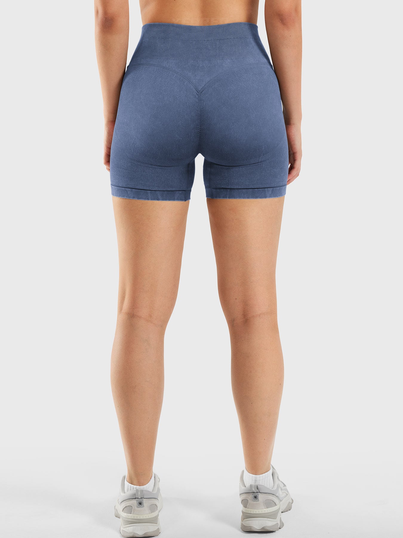 Full back view of Yeoreo Colinne Washed Impact Shorts in Dark Blue– curve-hugging fit