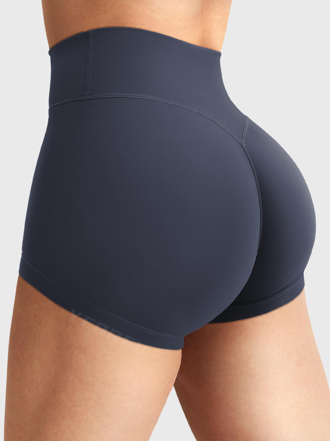Side-back view close-up of Yeoreo Elysina 2.5" Running Shorts in Grey Blue showing hidden scrunch butt and high rise