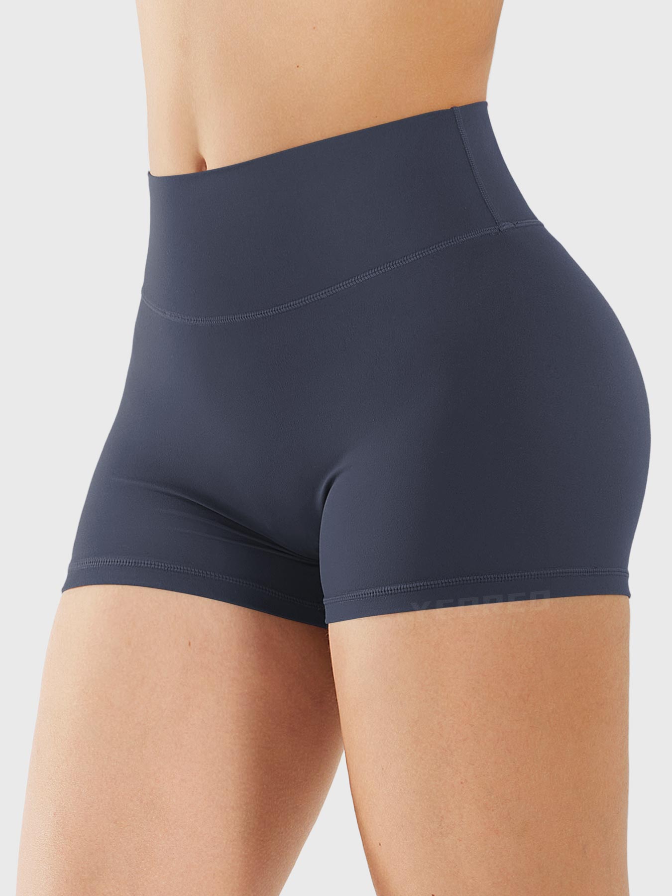 Side-front view of Yeoreo Elysina 2.5" Running Shorts in Grey Blue showing smooth front and high rise