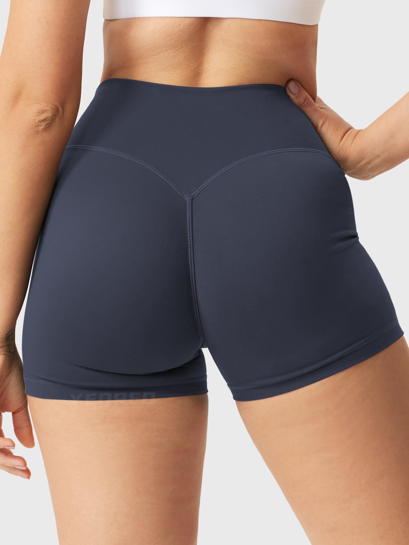 Back view of Yeoreo Elysina 2.5" Running Shorts in Grey Blue highlighting scrunch design