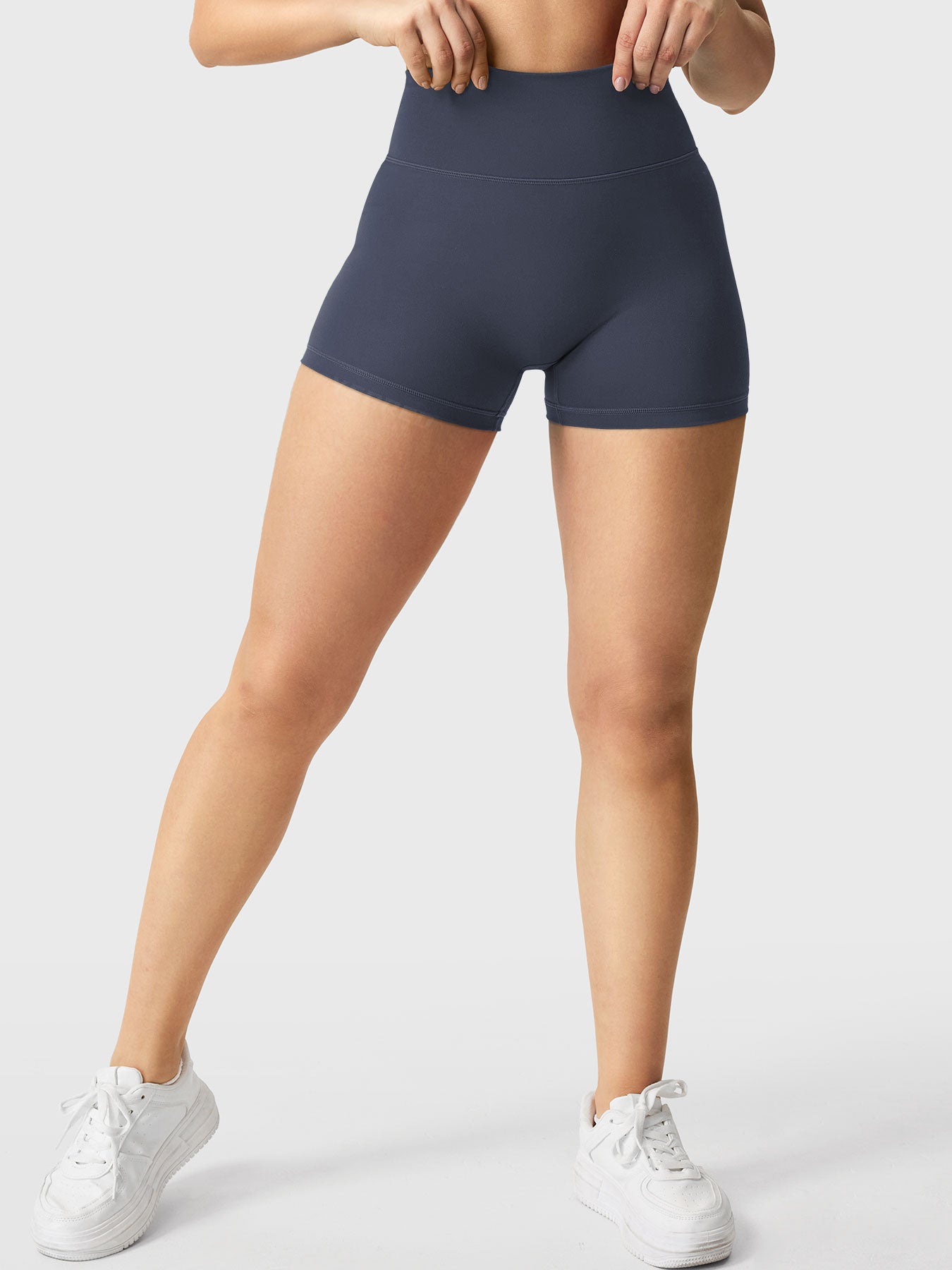 Full-length front view of Yeoreo Elysina 2.5" Running Shorts in Grey Blue showing fit and coverage