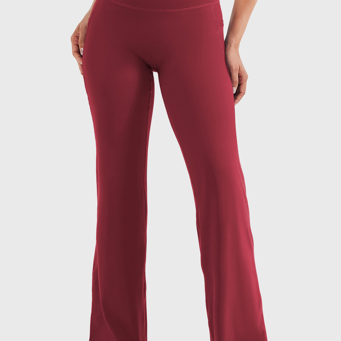 Anchor red high waisted straight leg leggings with pockets, no front seam for confident wear