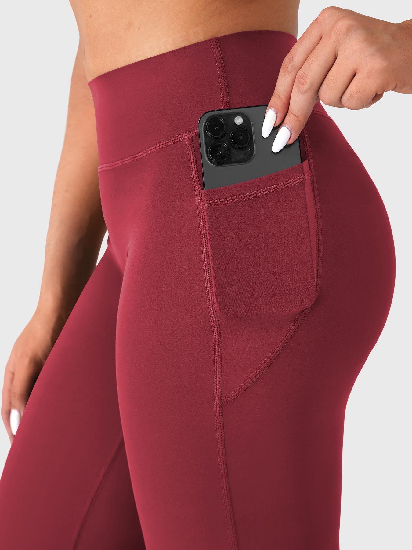 Anchor red straight leg leggings side pocket detail with phone storage, practical daily wear