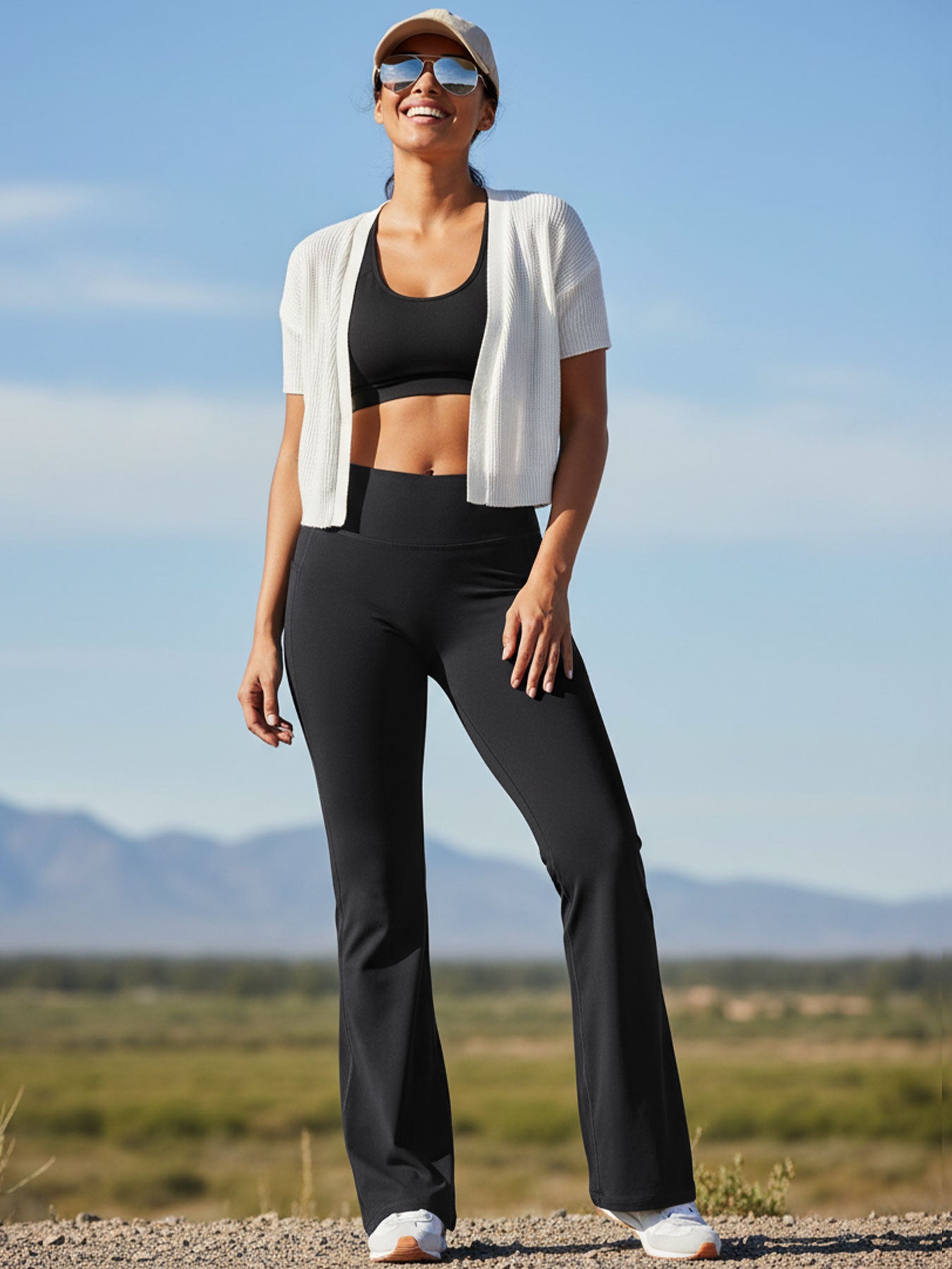 Black straight leg leggings styled for gym to street everyday wear