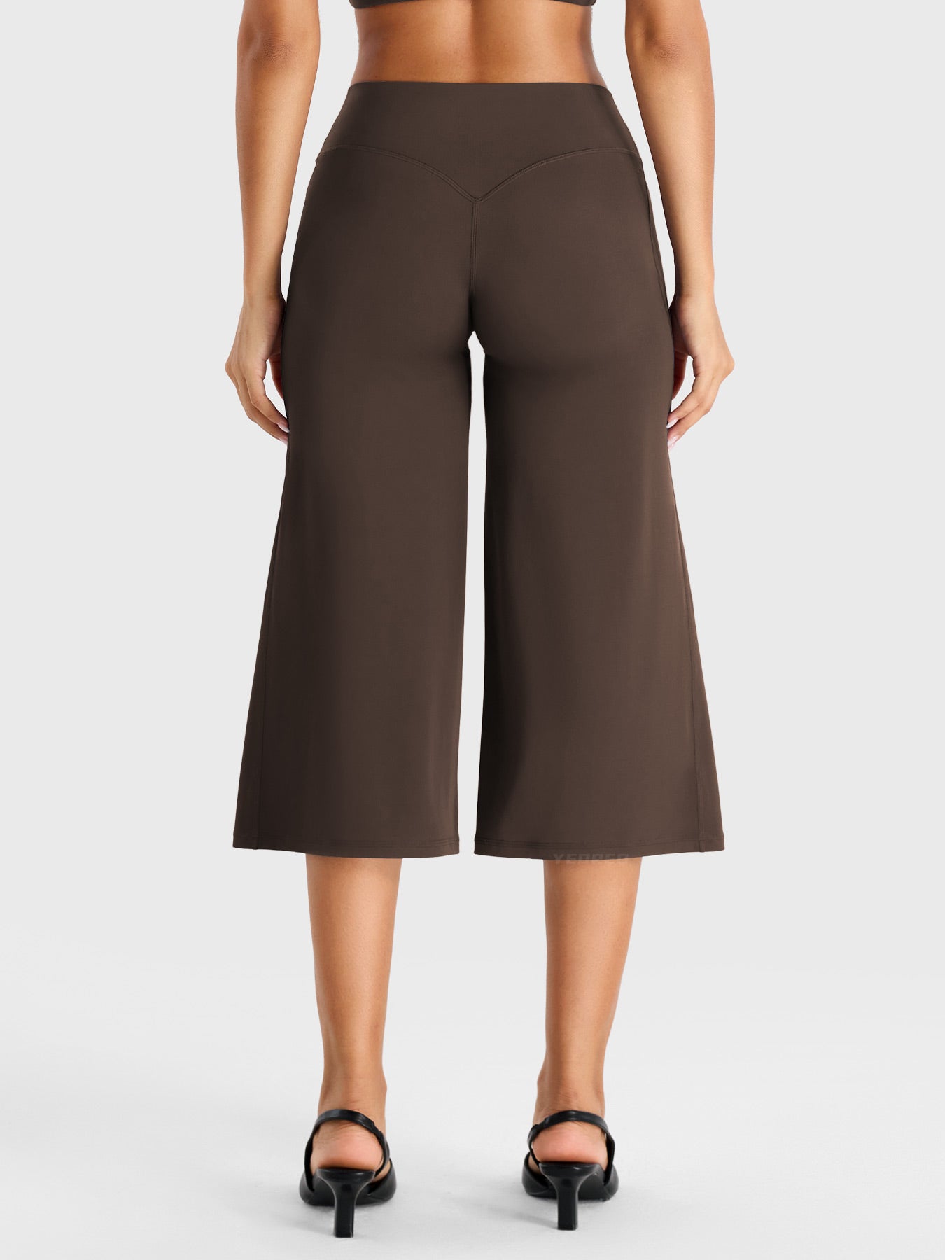 Coffee Yeoreo Samyer 21 inch capri pants back view, low rise fit with relaxed wide leg styling