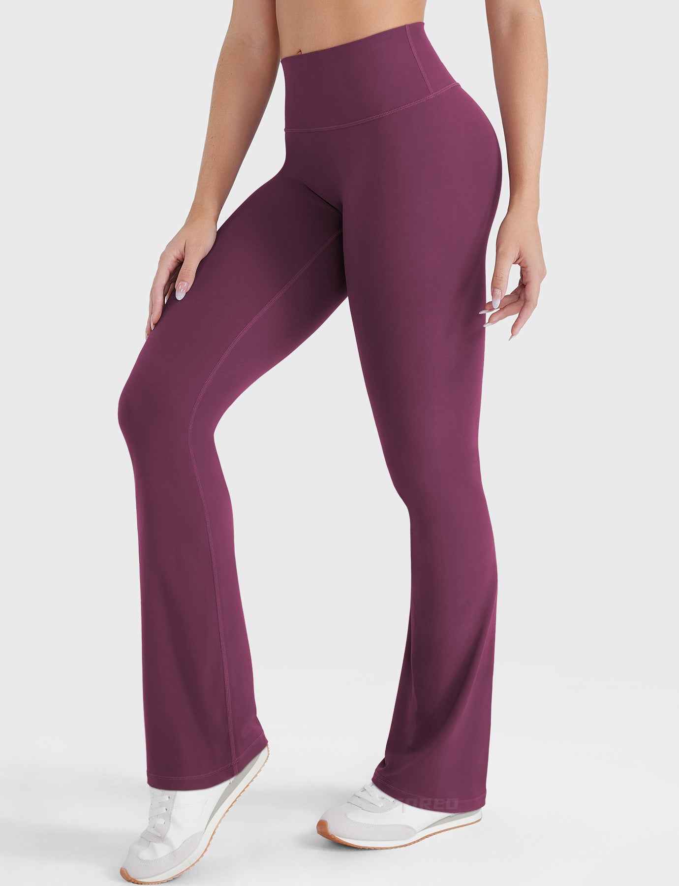 Deep Cherry Red buttery soft flare leggings, angled front view