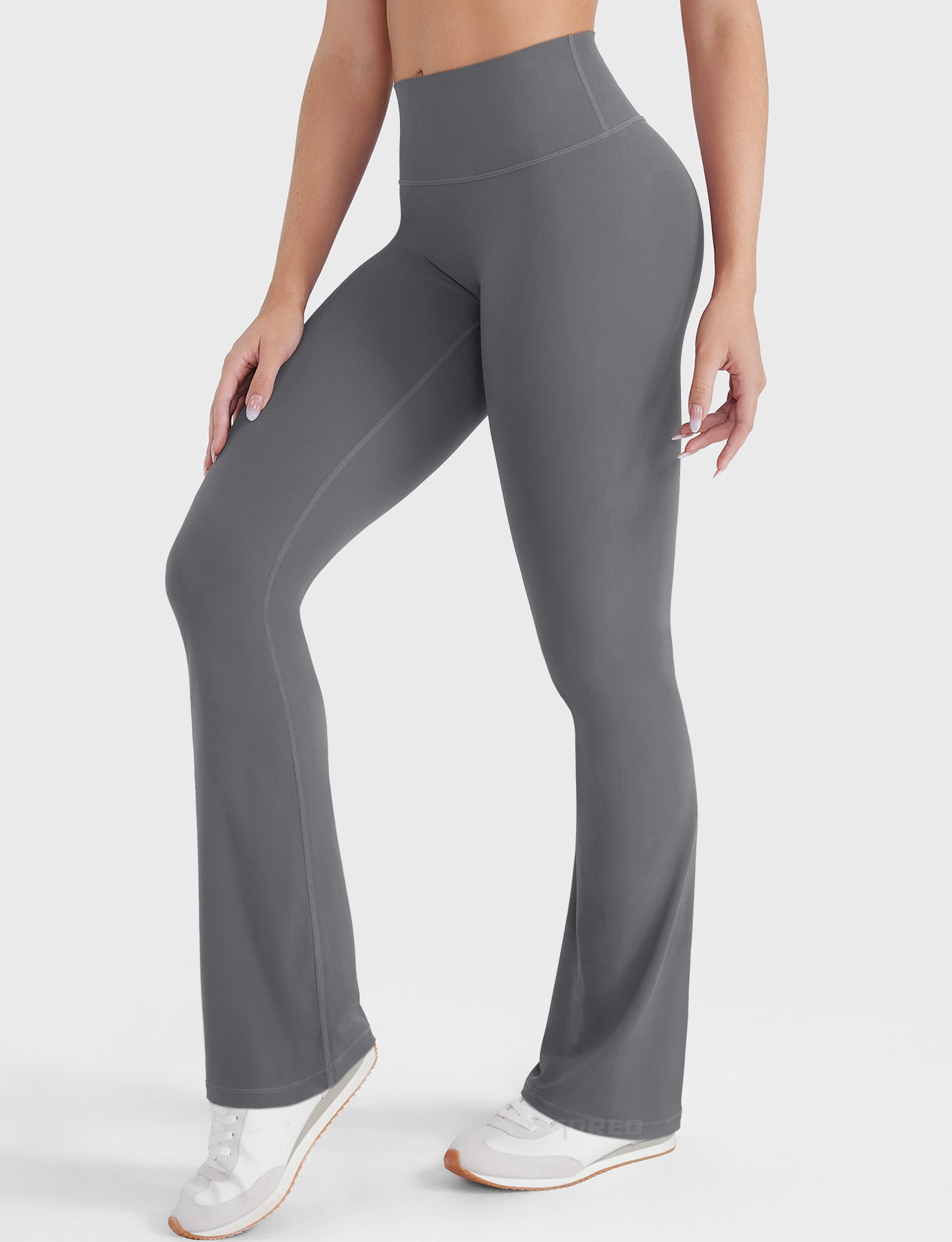 Lara Smoke buttery soft flare yoga leggings, angled front view