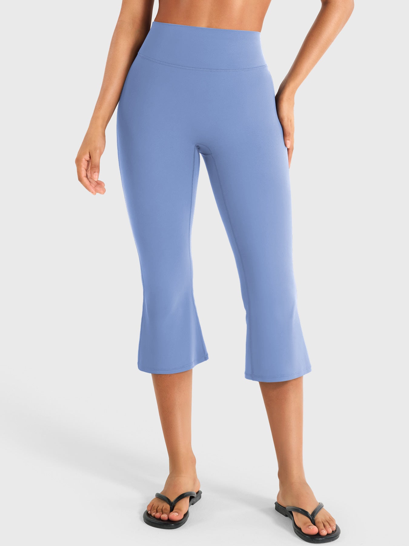 Ocean Blue Yeoreo Daiane high waisted flare capri leggings front view, 21 inch cropped length with sculpting fit