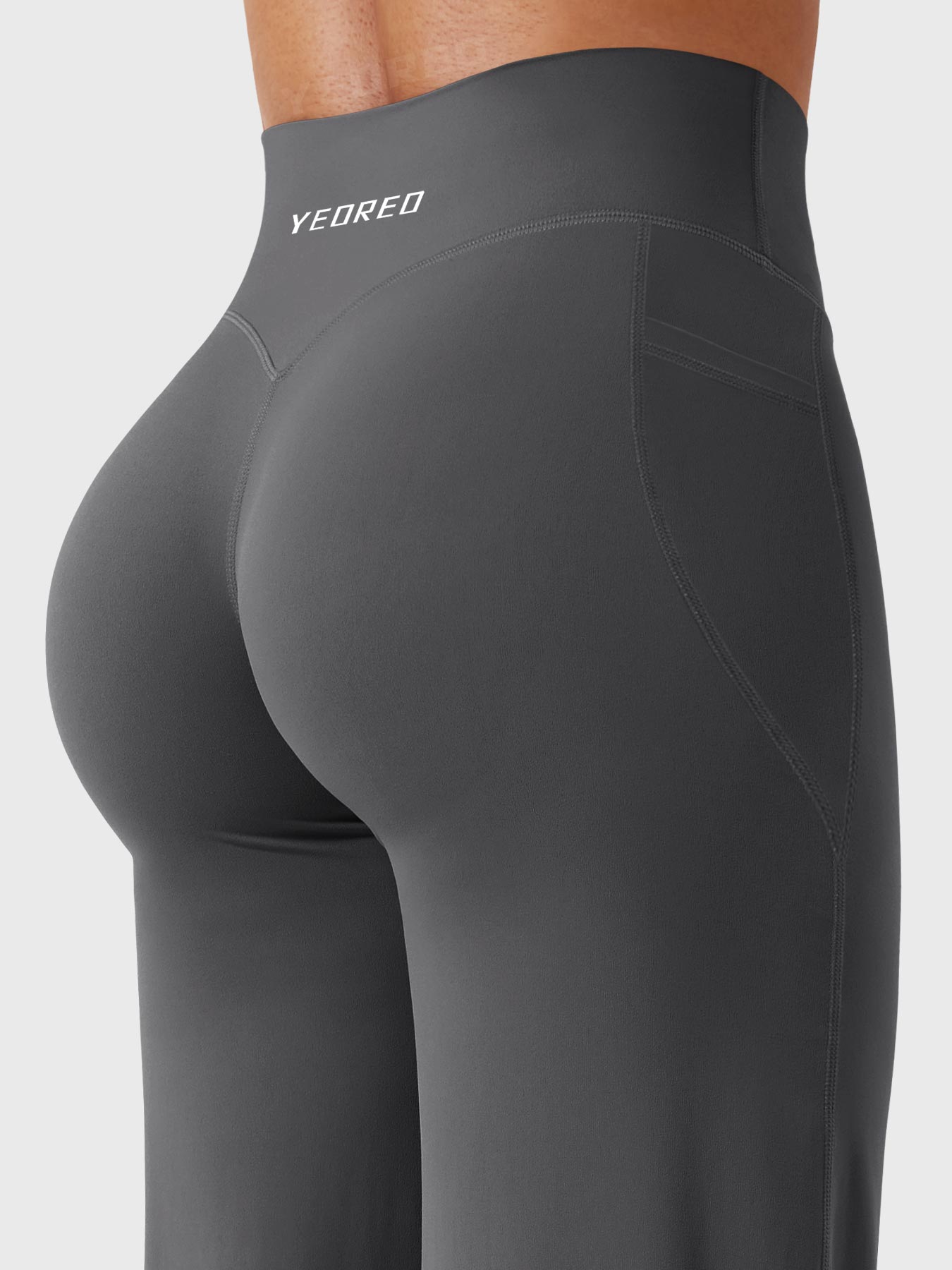 Dark grey straight leg leggings V back waistband detail, sculpting and supportive back view