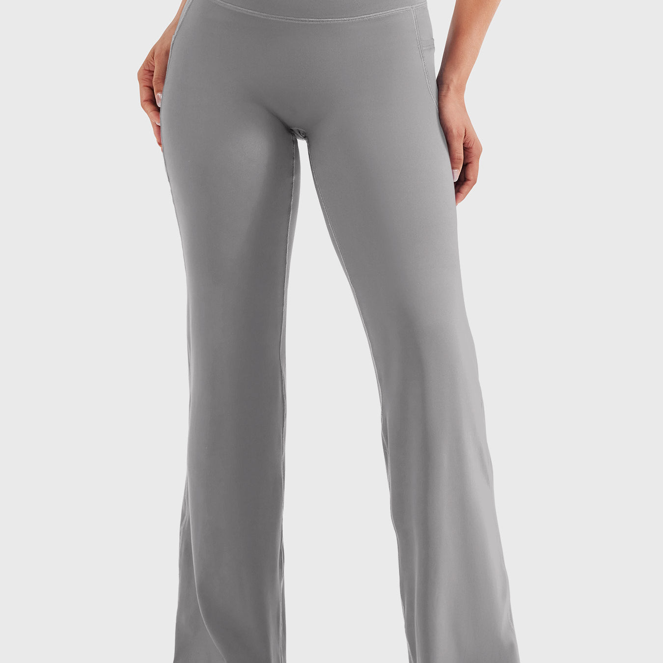 Light grey high waisted straight leg leggings with pockets, no front seam front view