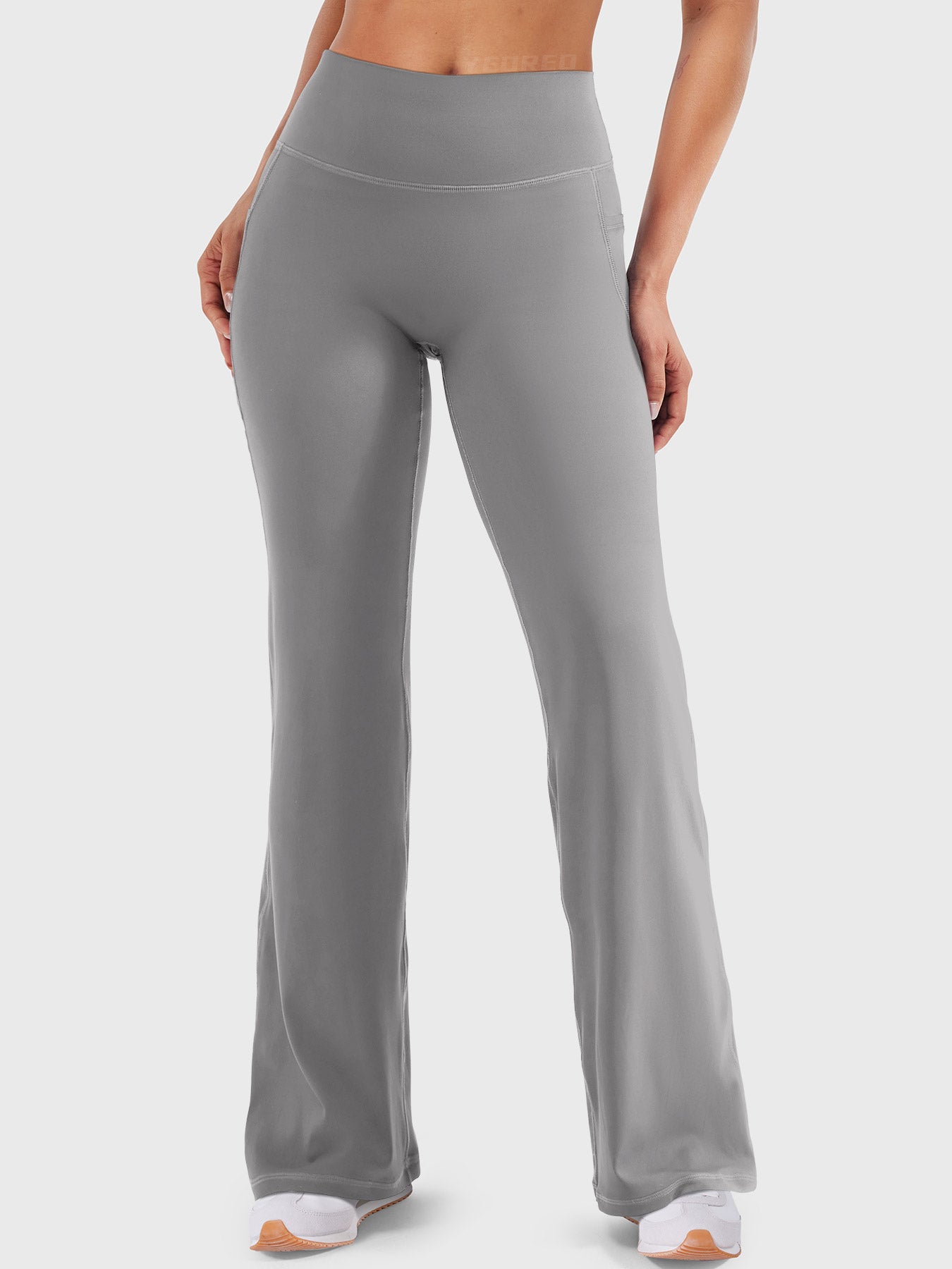 Light grey high waisted straight leg leggings with pockets, no front seam front view
