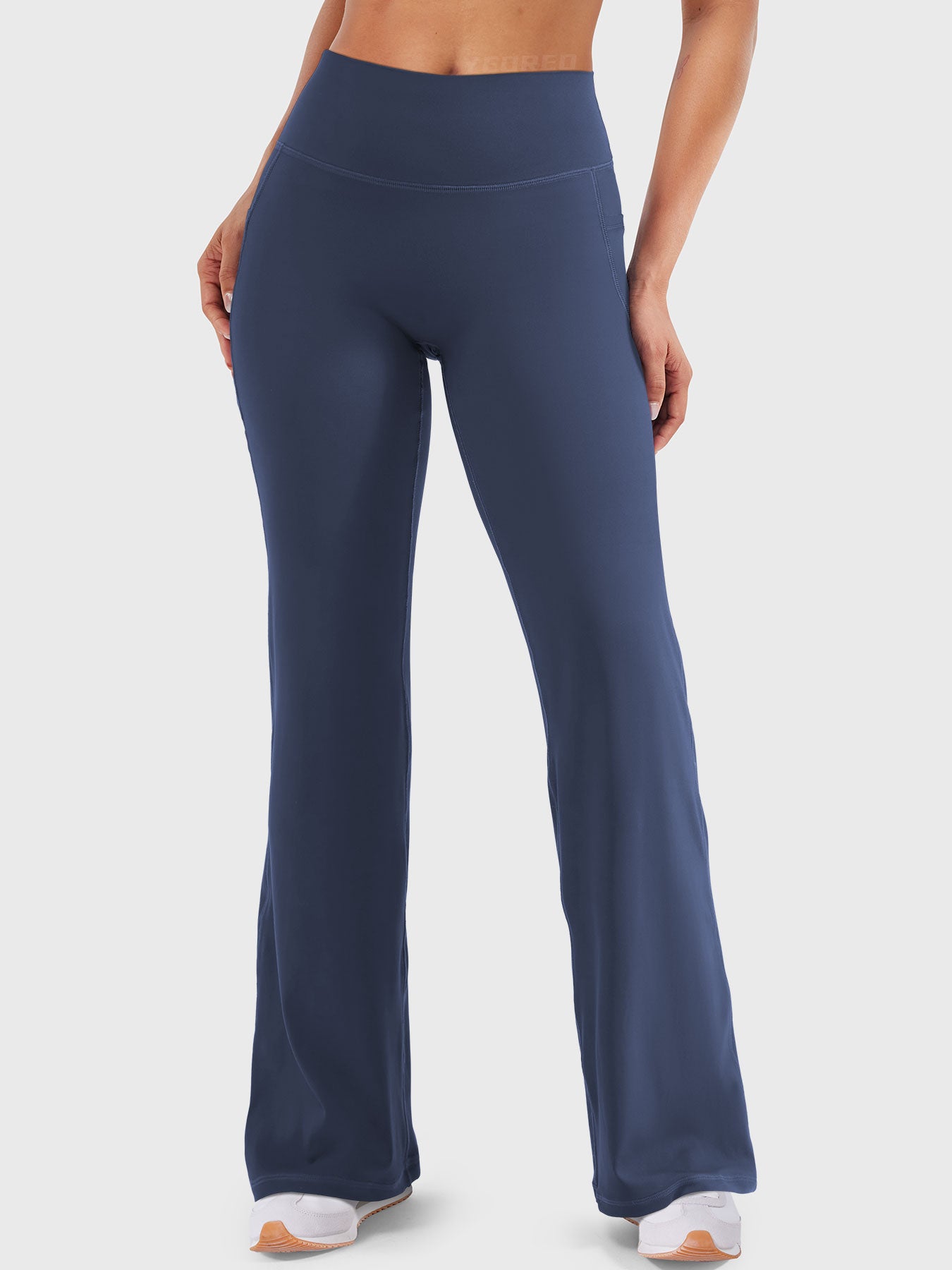 Navy high waisted straight leg leggings with pockets, no front seam flattering front view