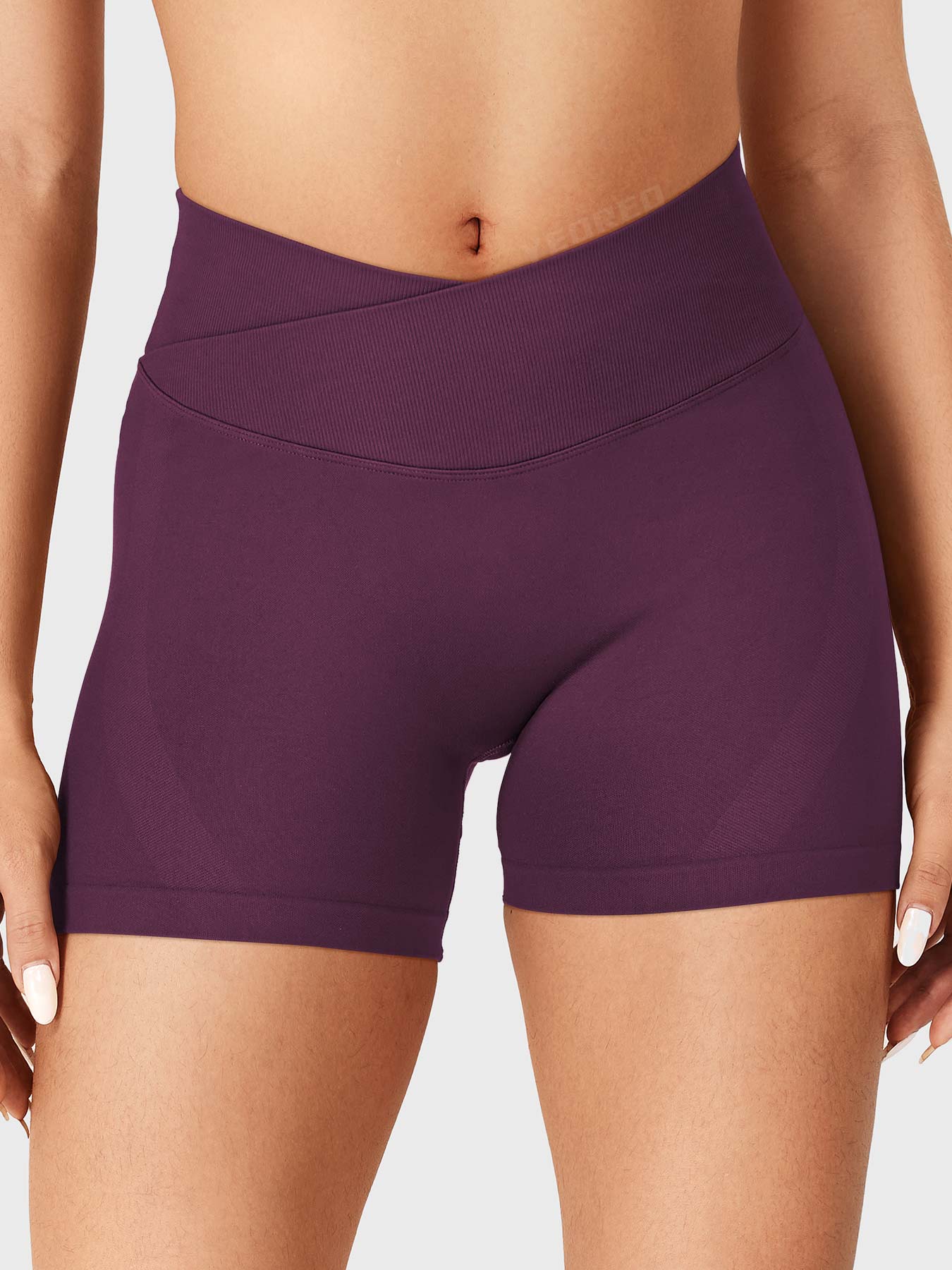 Black Cherry Baderiy 4.5" V-cross waistband seamless shorts front view, high-waisted design creating an hourglass shape with no front seam