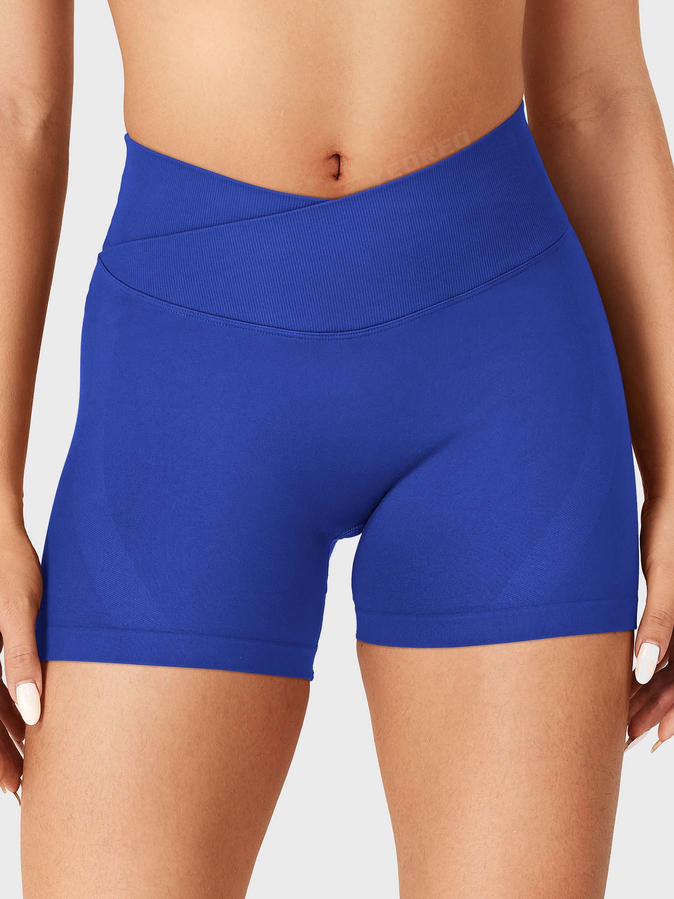 Deep Sea Baderiy 4.5" V-cross waistband seamless shorts front view, high-rise waist creating a defined hourglass silhouette