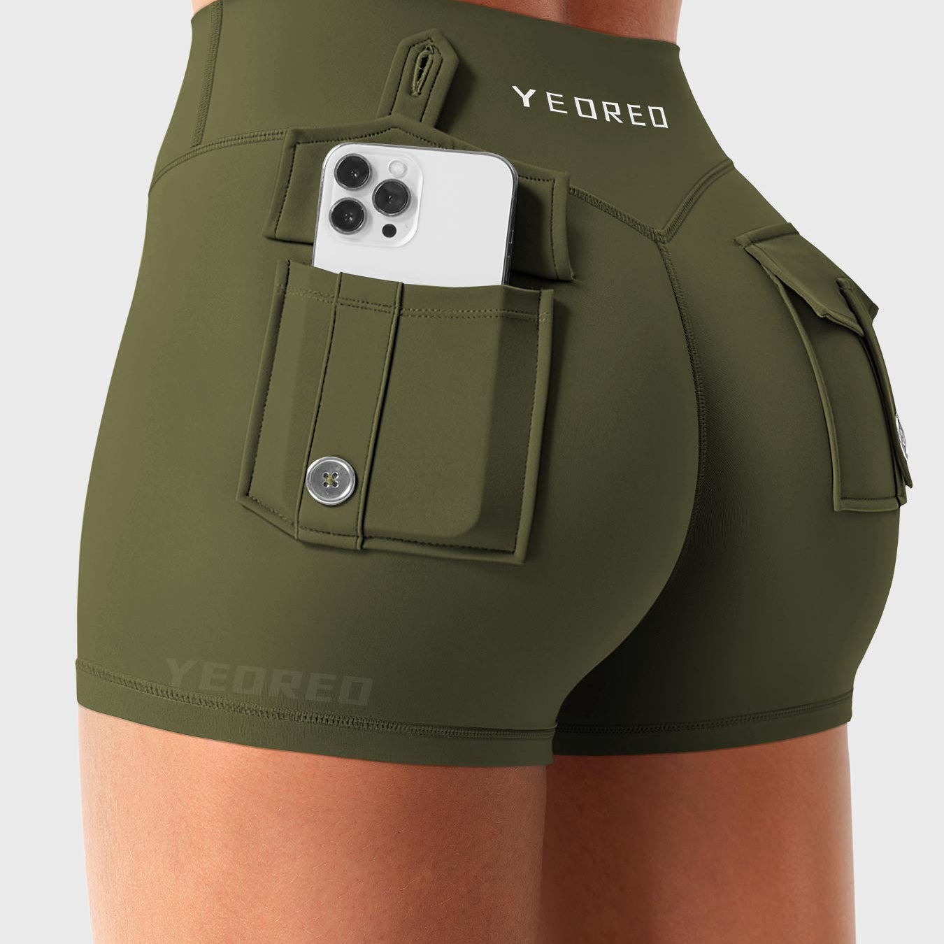 Army Green Yeoreo Darilya CoreFlex low rise cargo shorts angled back view, functional dual cargo pockets for essentials