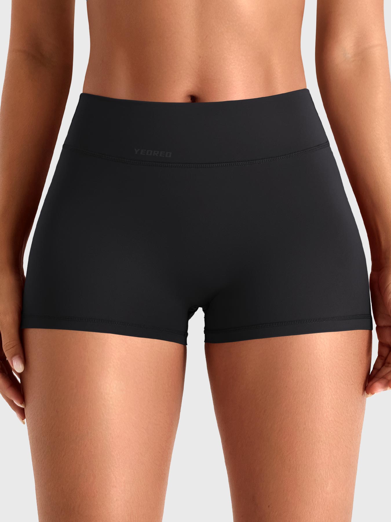 Black Yeoreo Darilya CoreFlex cargo shorts front view, no front seam with a low-rise 2.5-inch inseam