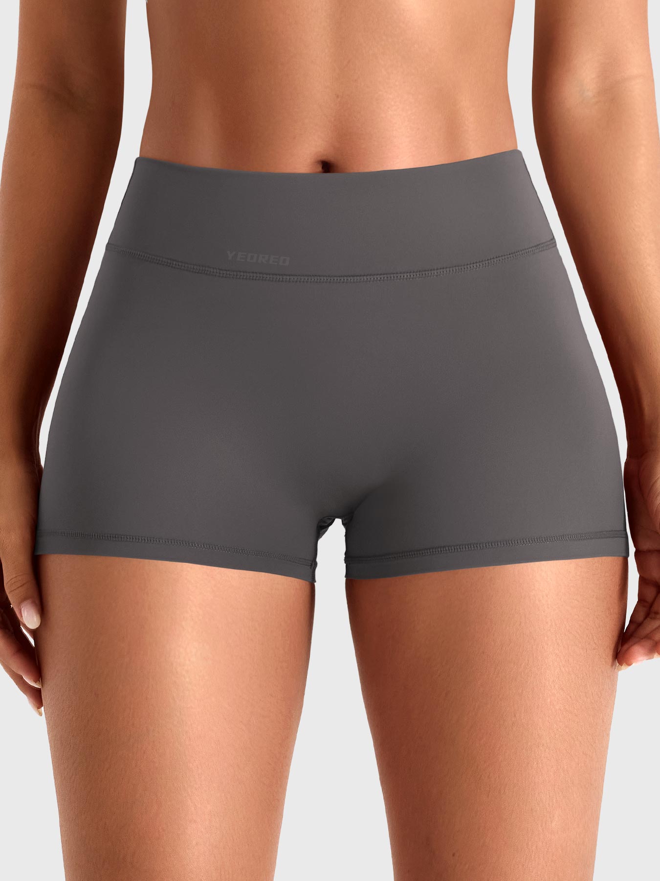 Dark Grey Yeoreo Darilya CoreFlex cargo shorts front view, low-rise no front seam design with 2.5-inch inseam