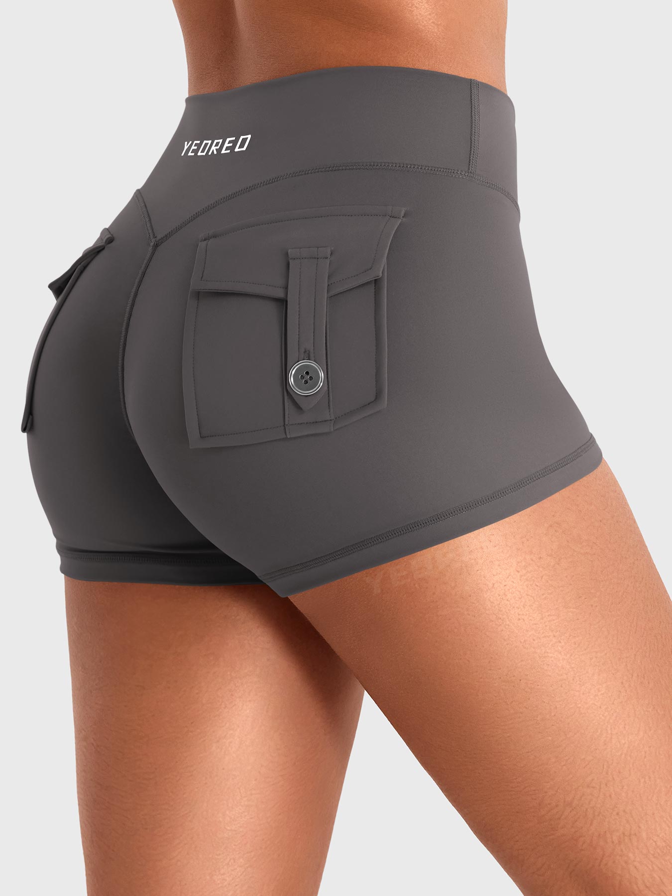 Dark Grey Yeoreo Darilya CoreFlex cargo shorts side view, V-back waistband with hidden scrunch for a natural lift