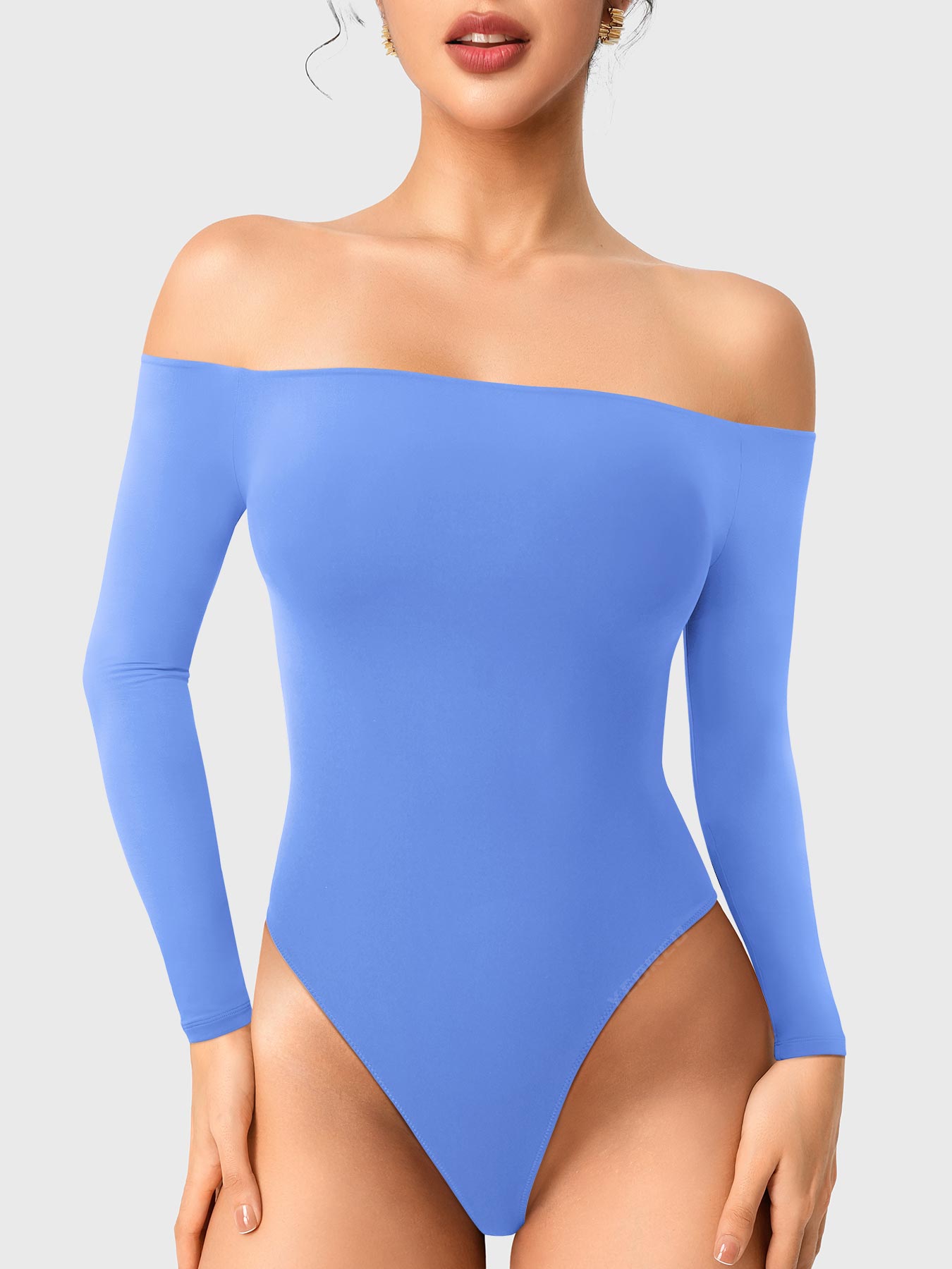 Dacrly Off Shoulder Bodysuit in blue, front view standing, off shoulder neckline, smooth and fitted silhouette