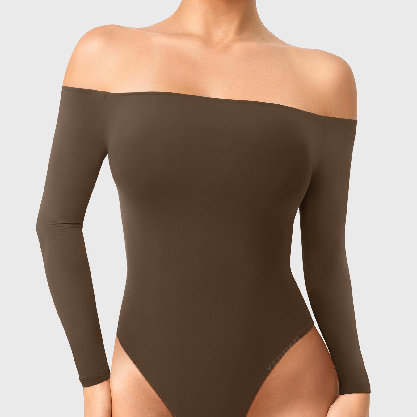 Dacrly Off Shoulder Bodysuit in deep brown, front view standing, off shoulder neckline, smooth fitted silhouette
