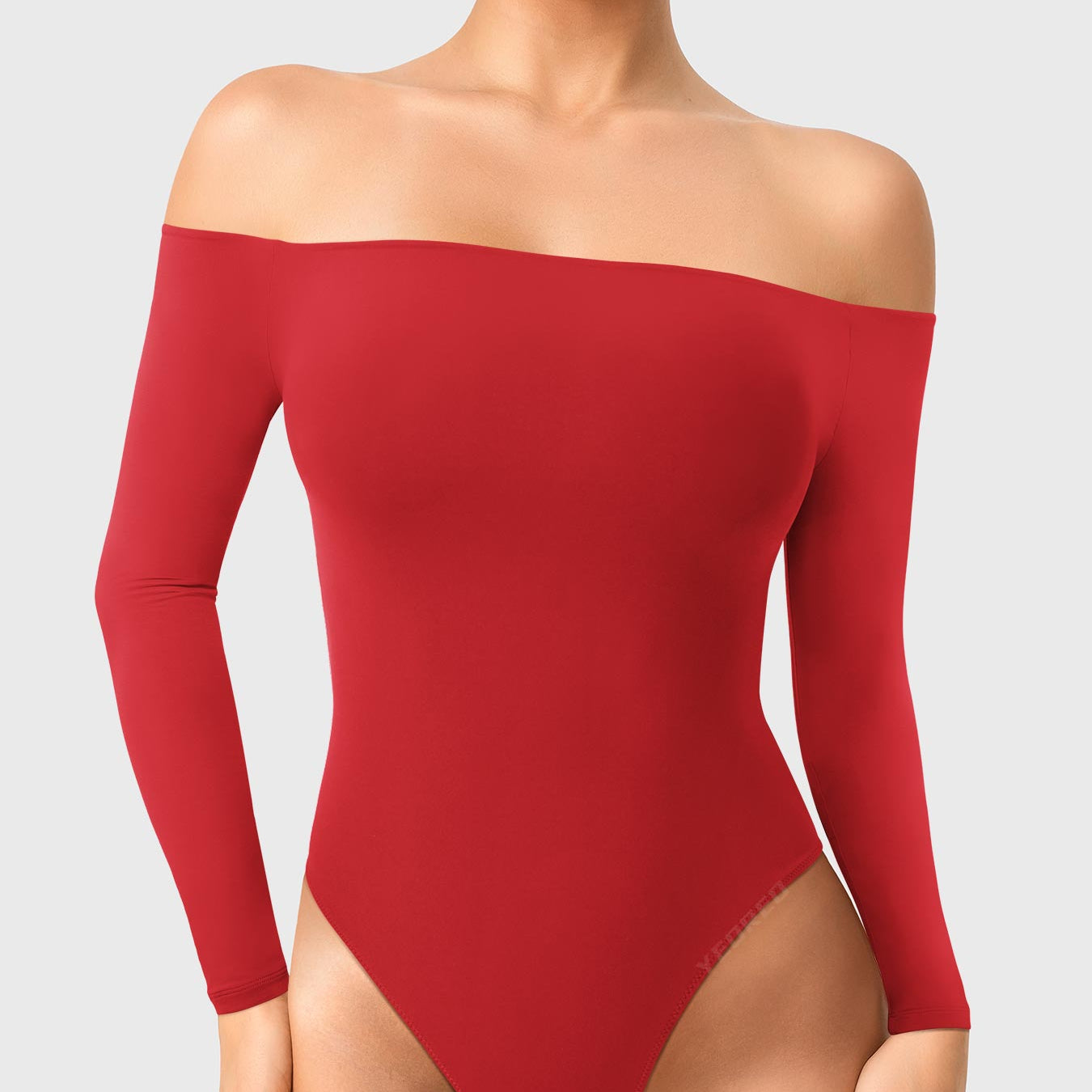 Dacrly Off Shoulder Bodysuit in red, front view standing, off shoulder neckline, slim and body-hugging fit