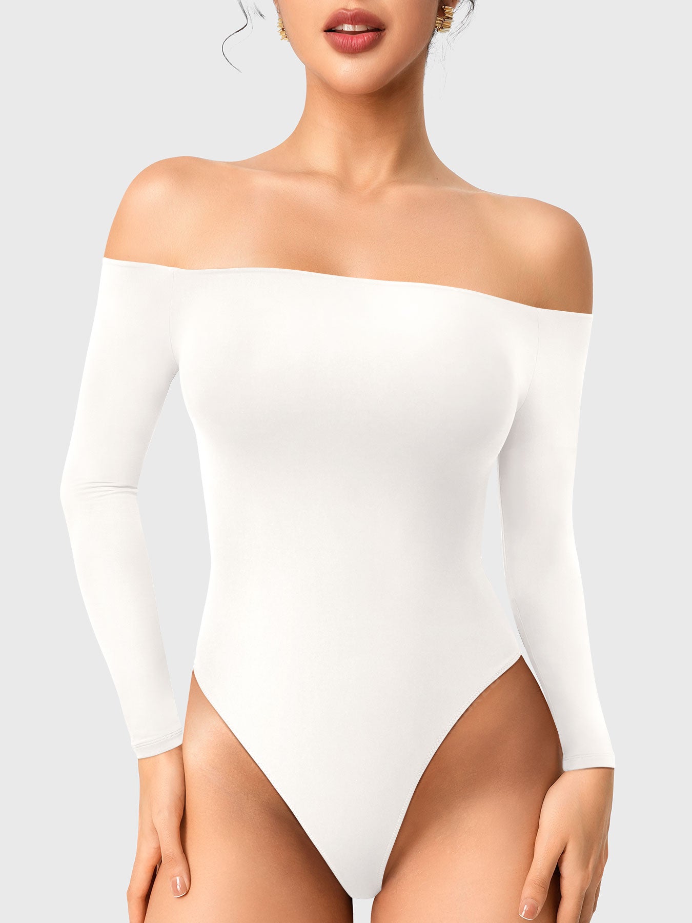 Dacrly Off Shoulder Bodysuit in white, front view standing, off shoulder neckline, clean and fitted silhouette