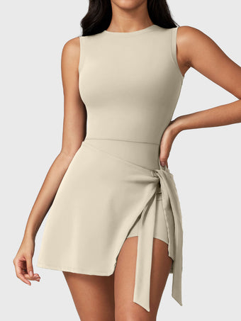 Front view of Yeoreo Renee Sleeveless Tennis Dress in Light Khaki – boat neckline, tie waist design